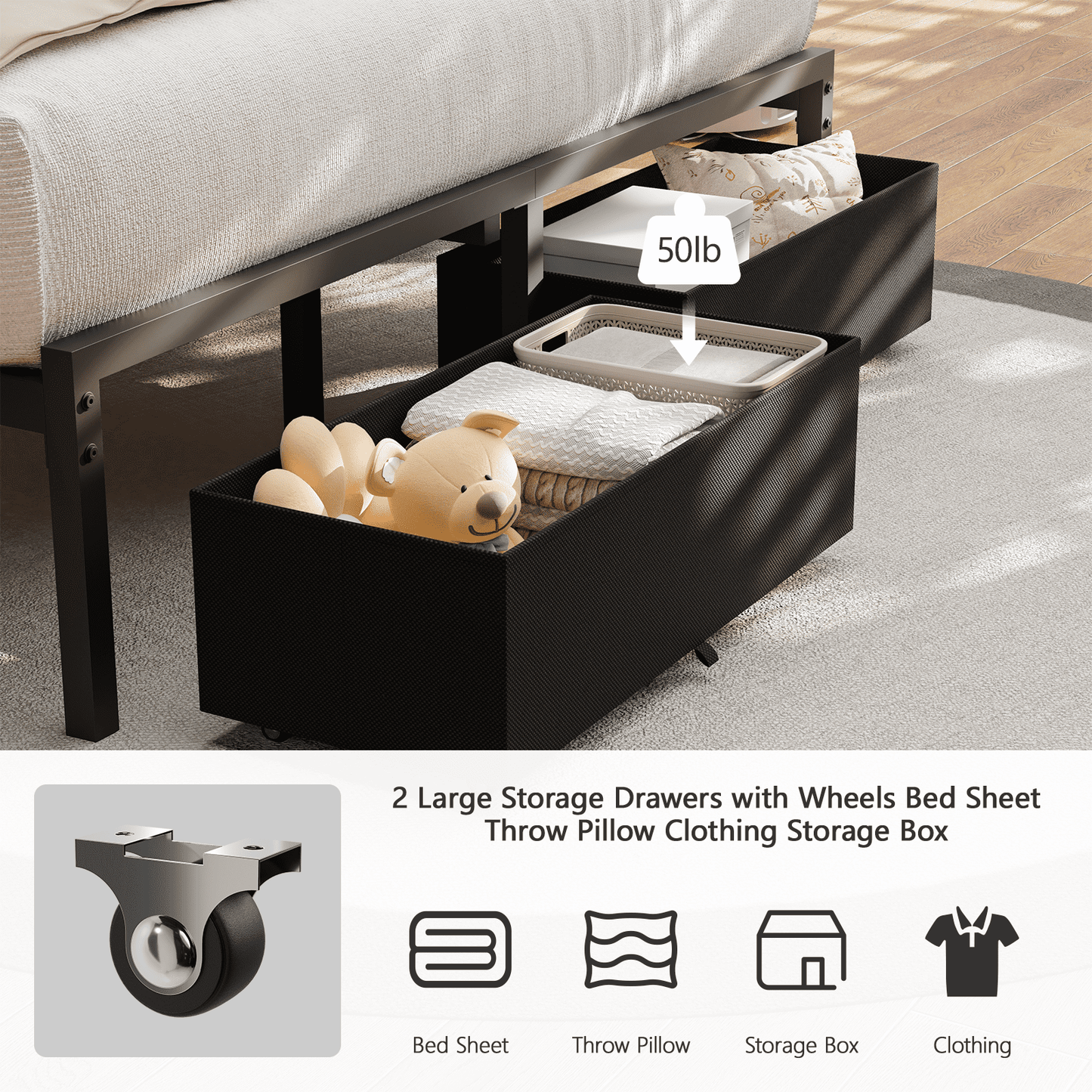 Tydimor Full Bed Frame with 2 Drawers & 2 USB Ports and Outlets, No Box Spring Needed