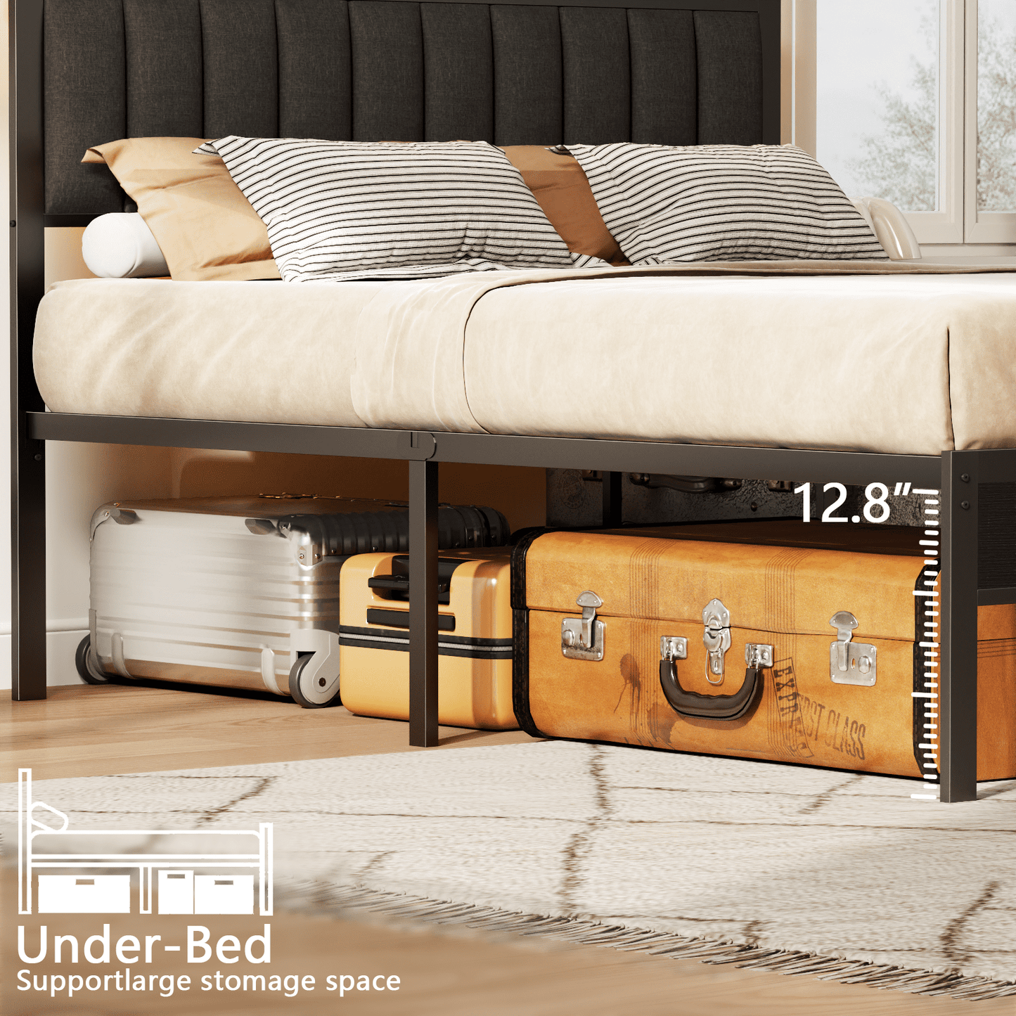 Satifur Queen LED Bed Frame with Smart RGB Lights, Headboard Charging Station, Versatile Storage Solution, Comfortable Upholstered Backrest, No Box Spring Needed