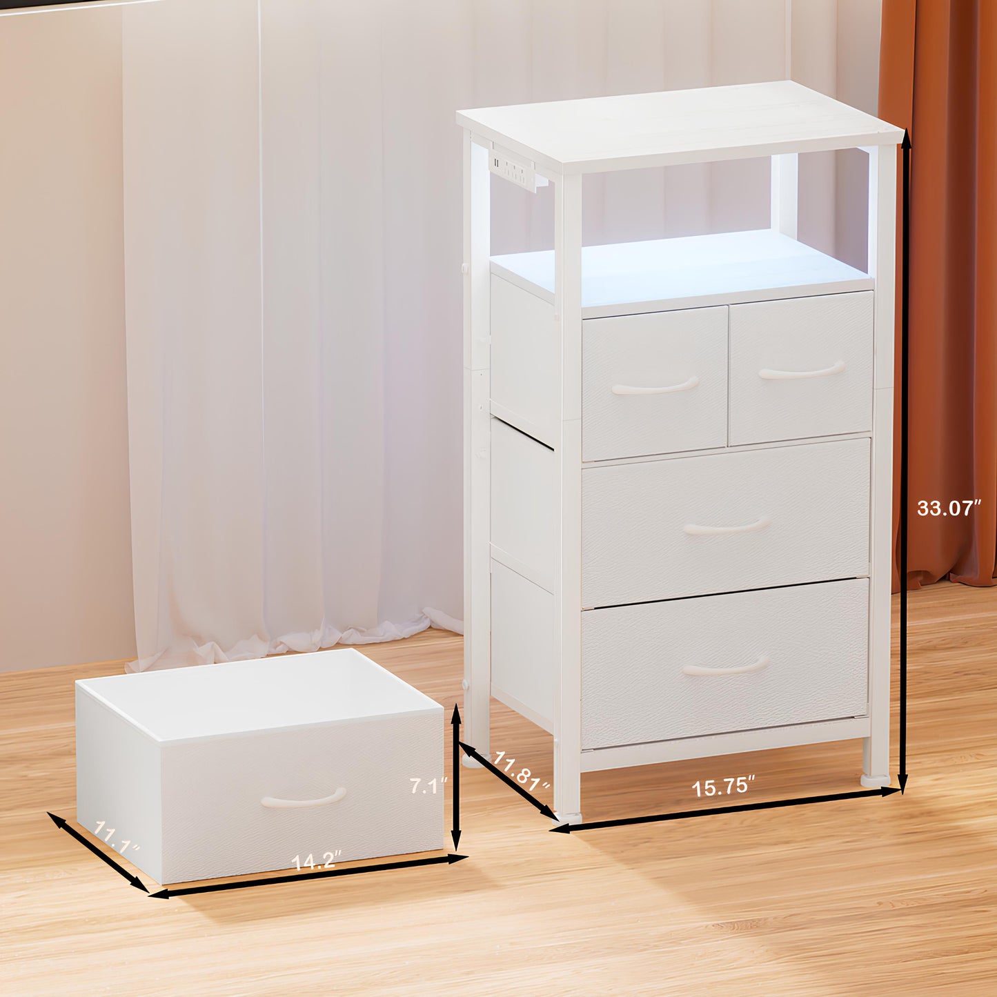 TYDIMOR 4 Drawer Dresser,Small Dresser with Charging Station and LED, White, for Bedroom and Living Room
