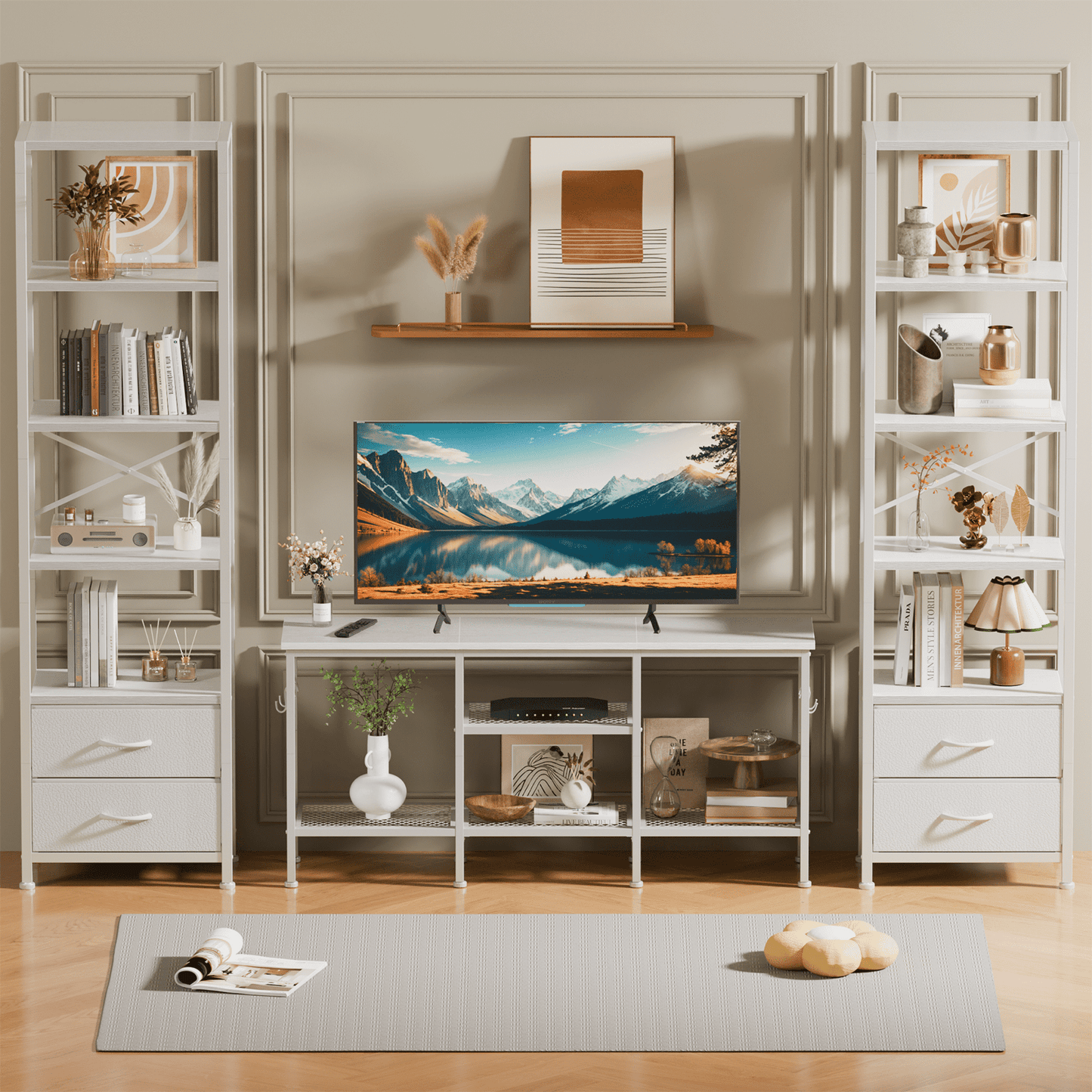 Satifur 5-Tier Bookshelf and Bookcase with 2 Removable Drawers, Narrow Display Shelf for Living Room, White