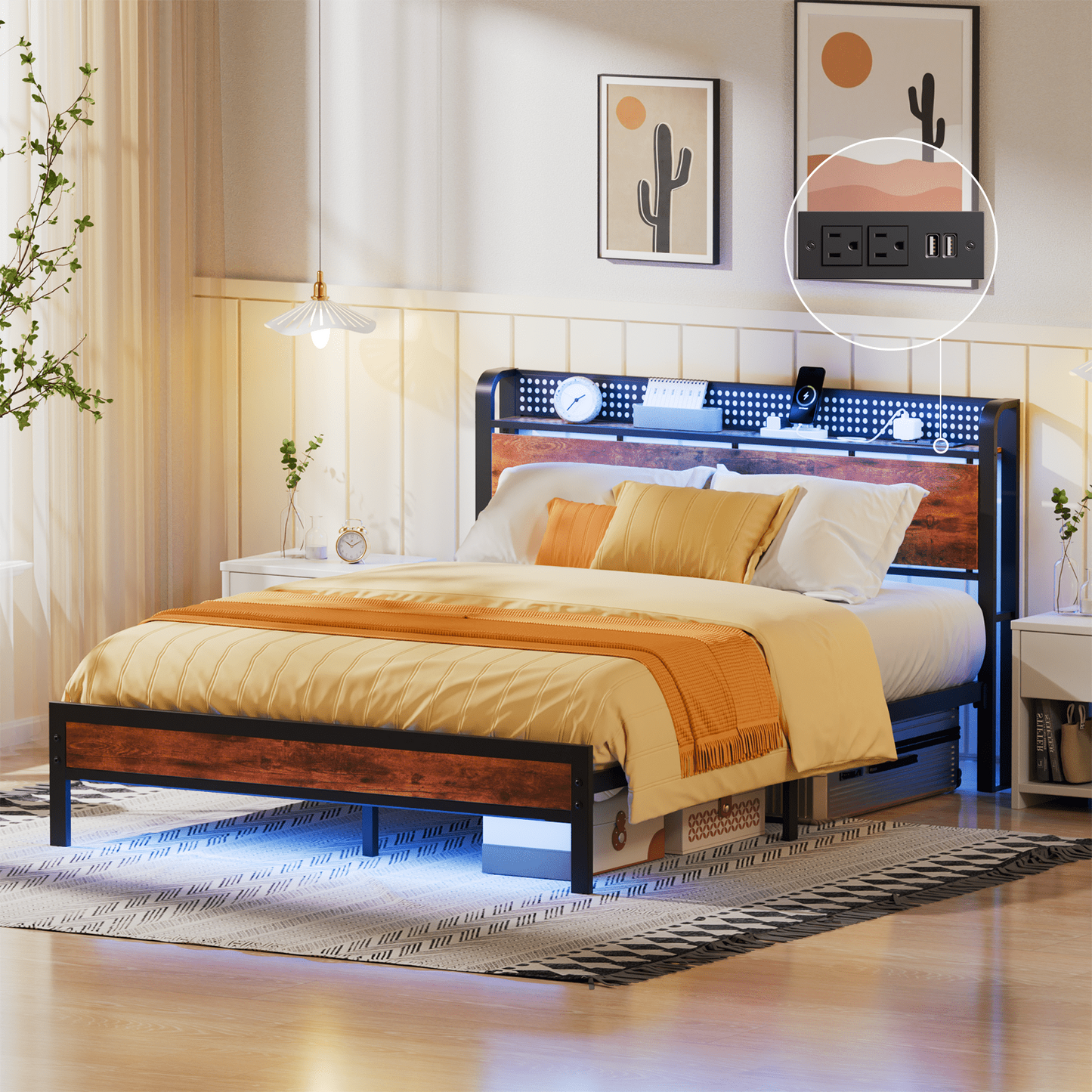 Hexmn Queen RGB LED Strip Platforrm Bed Frames with Headboard Metal, Storage Shelves & Underbed, Niose Free, No Box Spring Needed