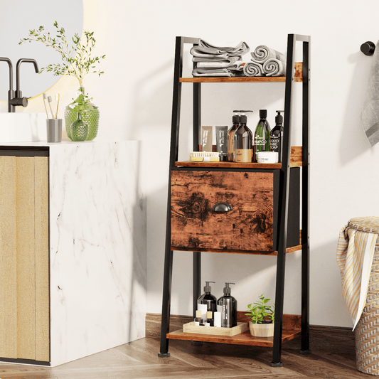 Tydimor 4-Tier Ladder Bookshelf With Drawer, Leaning Bookcase Storage Display Shelf,Rustic Brown