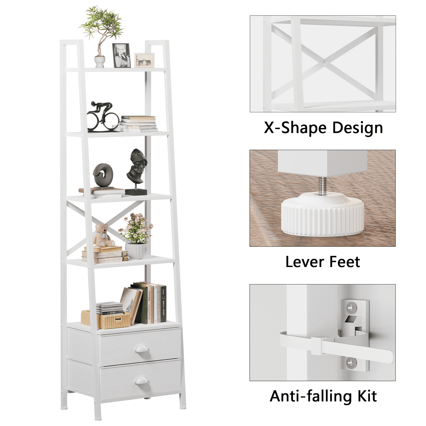 Tydimor 5-Tier 64"H Industrial Bookshelf with 2 Removable Drawers Narrow Bookcase for Living Room,White