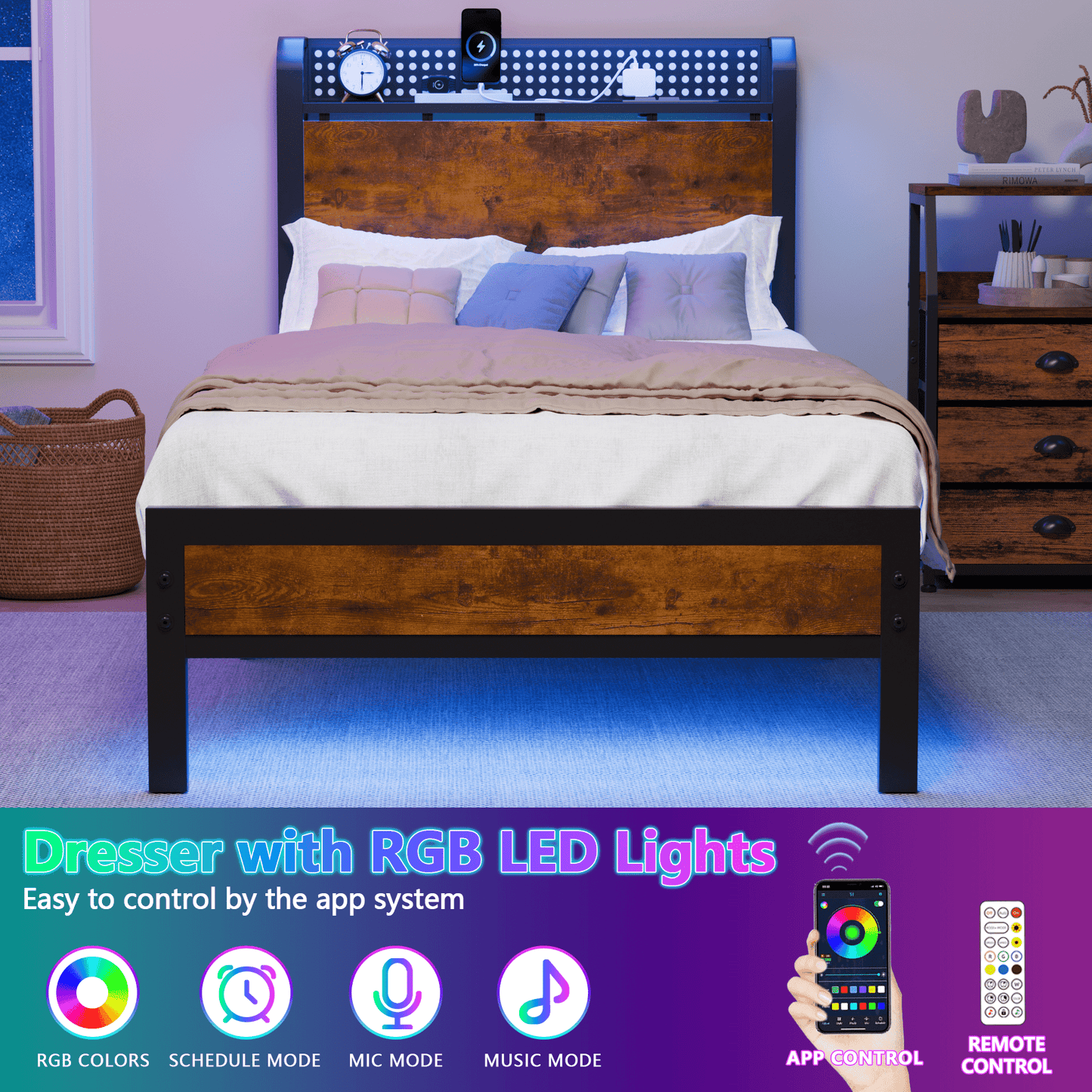 Tydimor Full RGB LED Strip Platforrm Bed Frames with Headboard Metal, Storage Shelves & Underbed, Niose Free, No Box Spring Needed