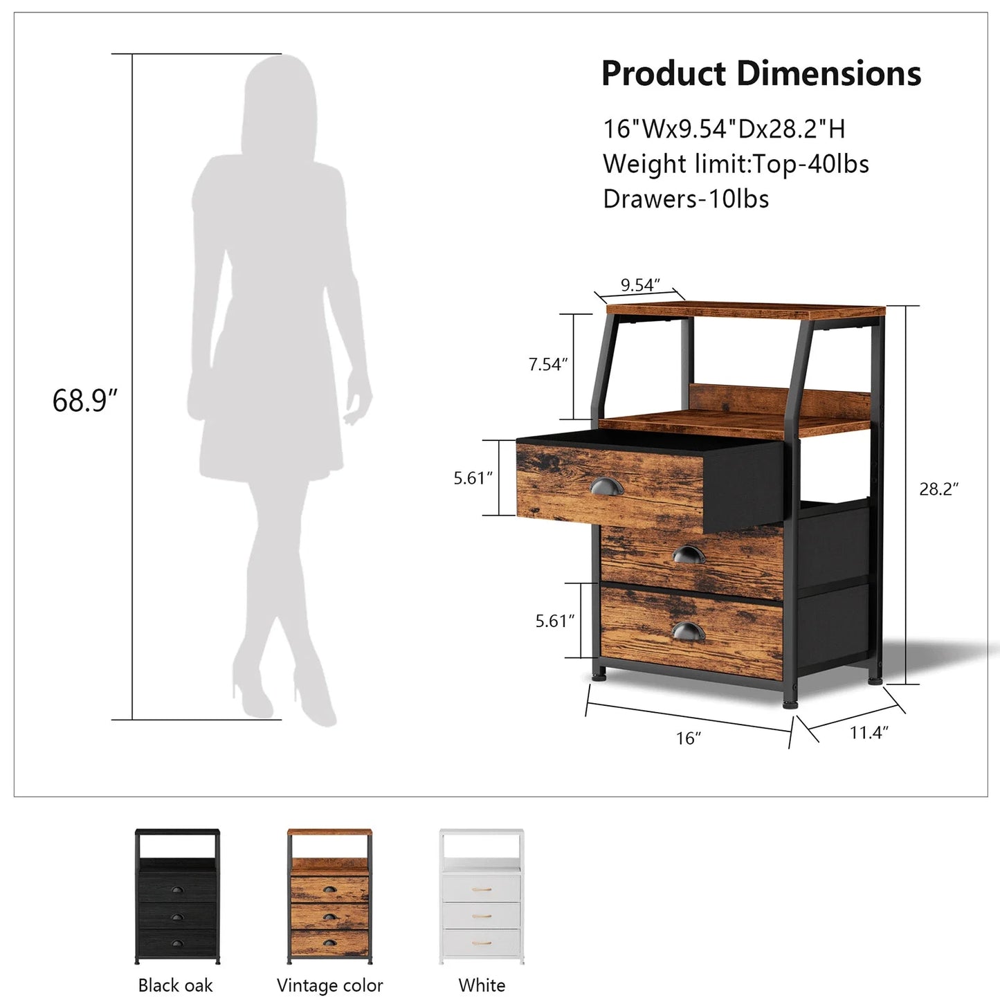 Tydimor Night Stand, Small Dresser 3 Drawer Storage Organizer Furniture for Bedroom, Brown, Adults