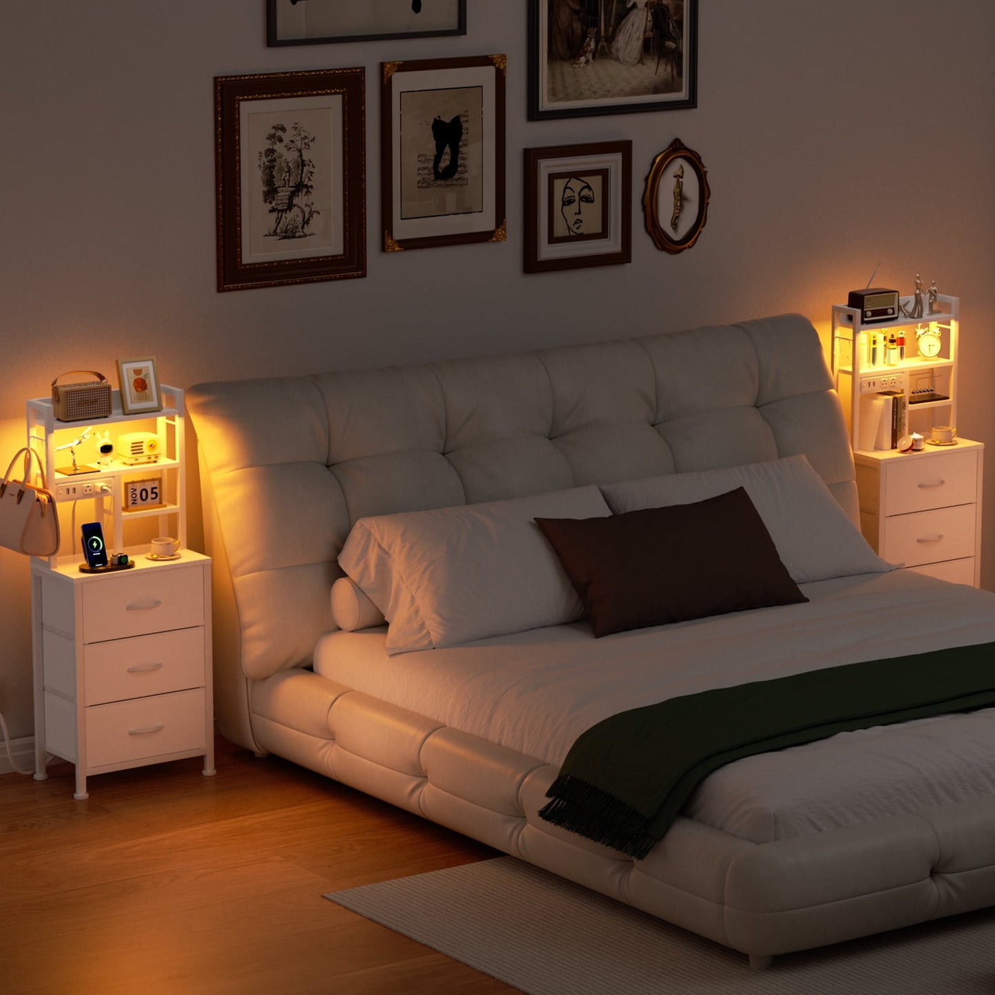 Satifur Tall Nightstand with Charging Station and LED Lights, Bedside Table with Drawers and Bookshelf, Whit