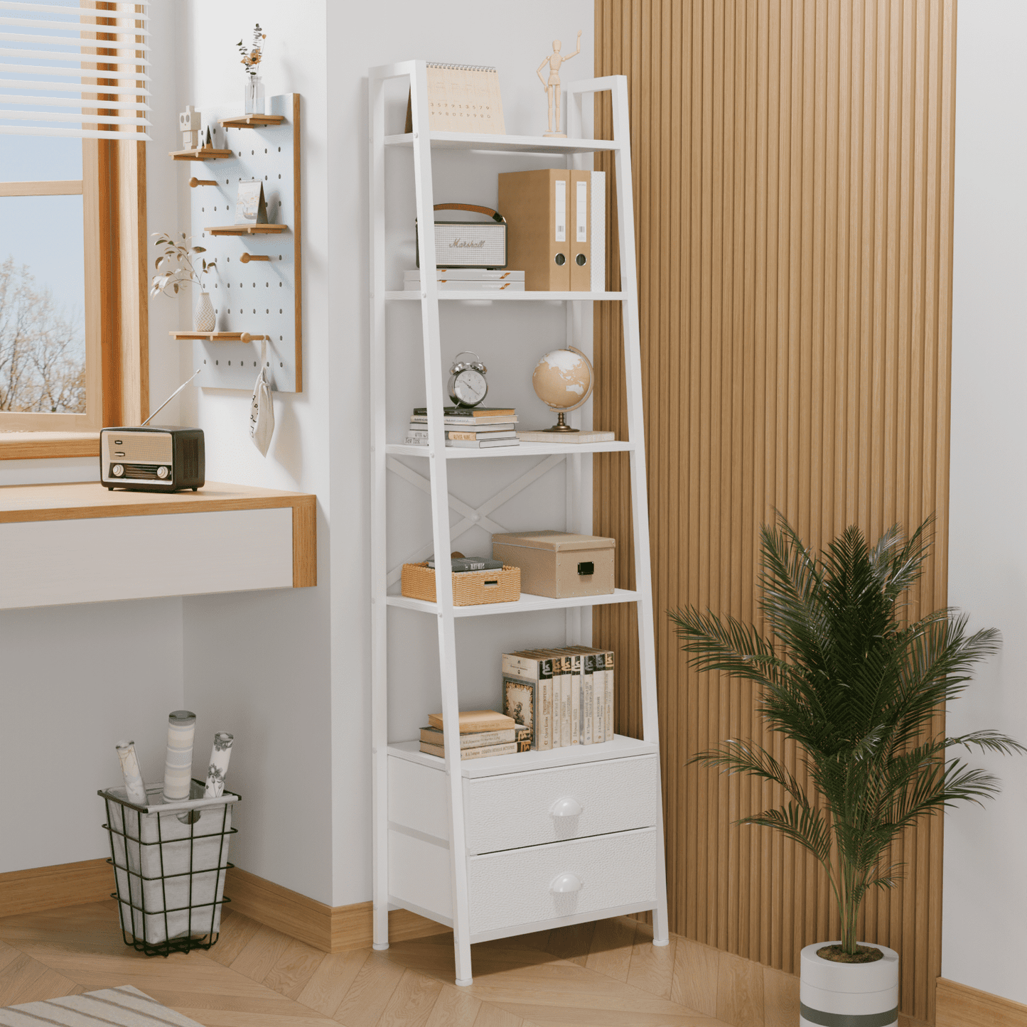 Tydimor 5-Tier 64"H Industrial Bookshelf with 2 Removable Drawers Narrow Bookcase for Living Room,White