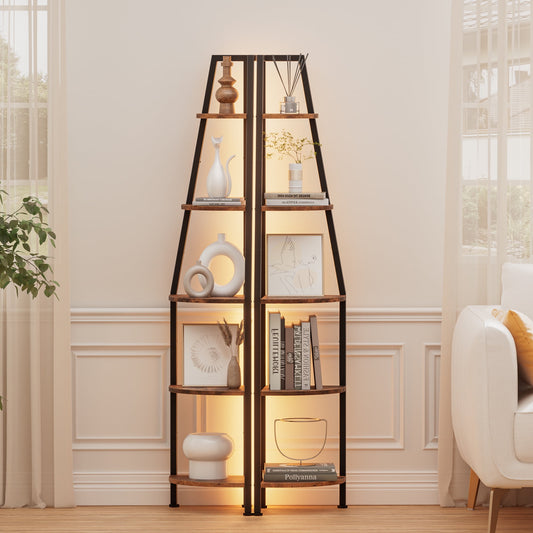 Satifur Corner Shelf Space Saving Freestanding Bookcase with LED Light Strip, Corner Bookshelg for Living Room Bedroom, Rustic Brown