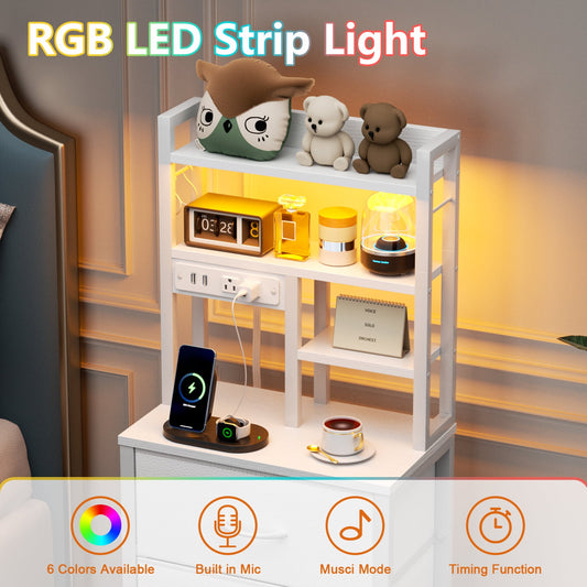 Satifur Tall Nightstand with Charging Station and LED Lights, Bedside Table with Drawers and Bookshelf, Whit