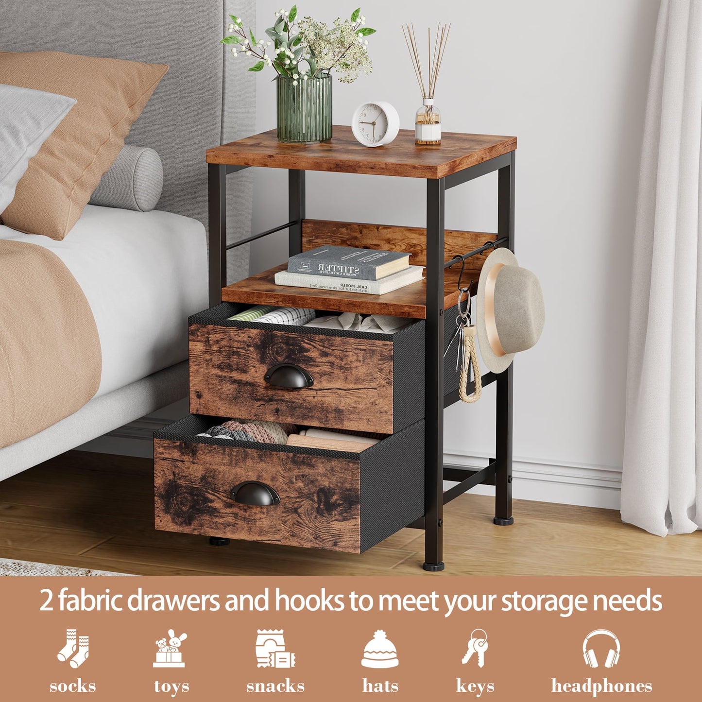 Satifur Nightstand with 2 Fabric Drawers & Shelf, Bedside End Table for Bedroom, Rustic Brown