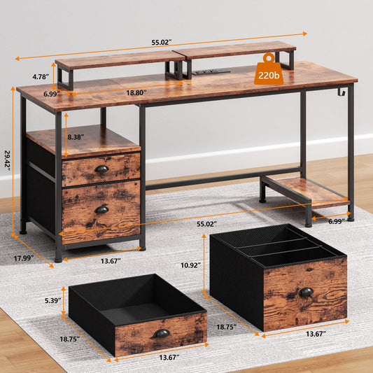 Satifur Office Desk with Drawers and Charging Station, Gaming Desk with Movable Monitor Stands, Corner Desk with Storage Shelves and File Cabinet, Rustic Brown