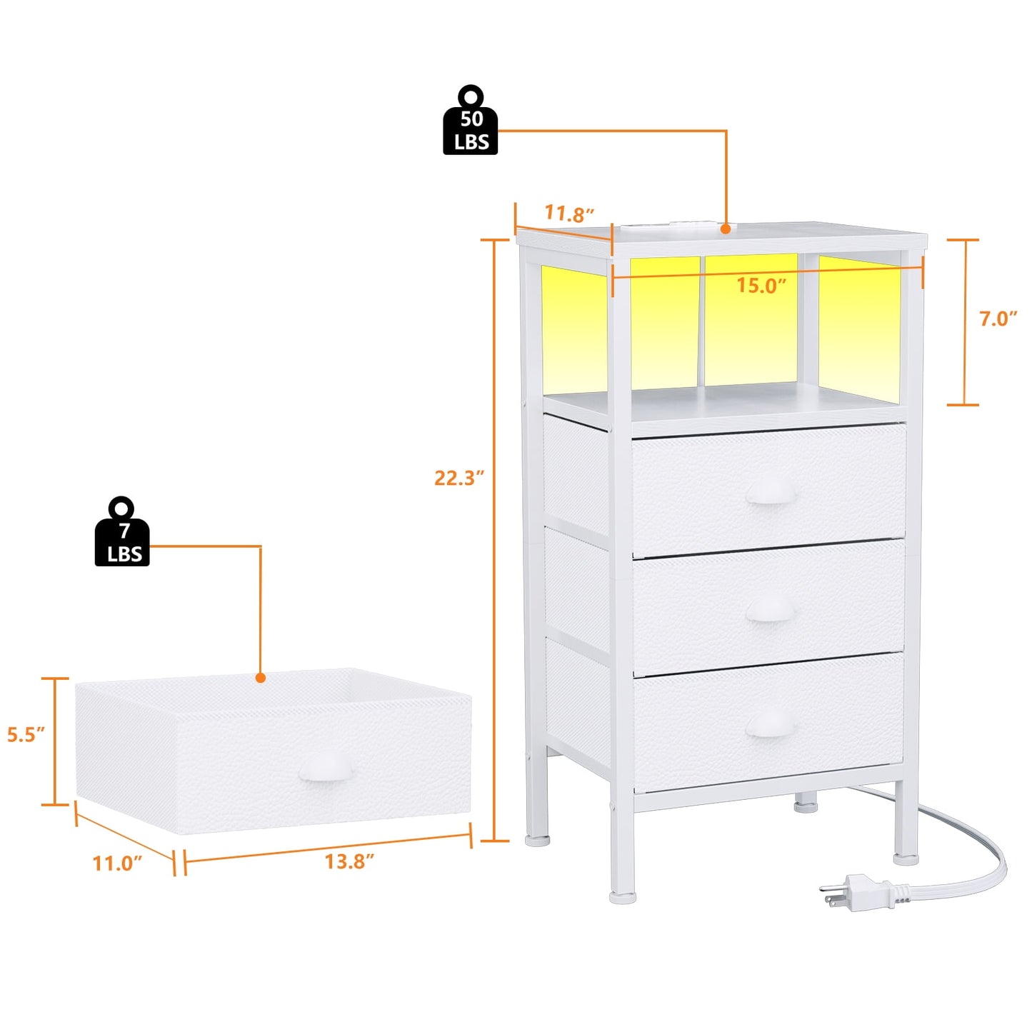 Satifur Night Stand with Charging Station,LED Nightstand with USB Ports and Outlets,Fabric Drawers Bed Side Table,White