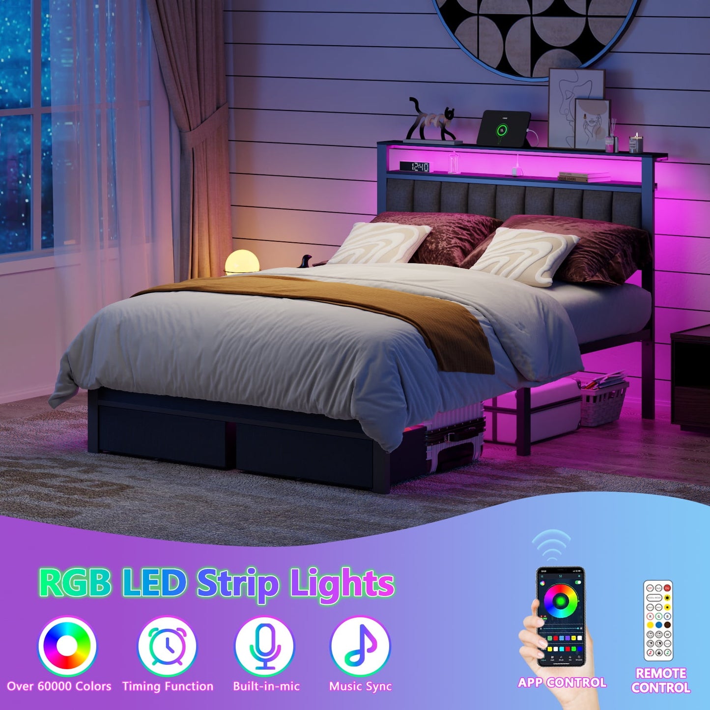 Tydimor Full Bed Frame with 2 Drawers & Storage Headboard, Platform Metal Bed with 2 USB Ports and Outlets, No Box Spring Needed