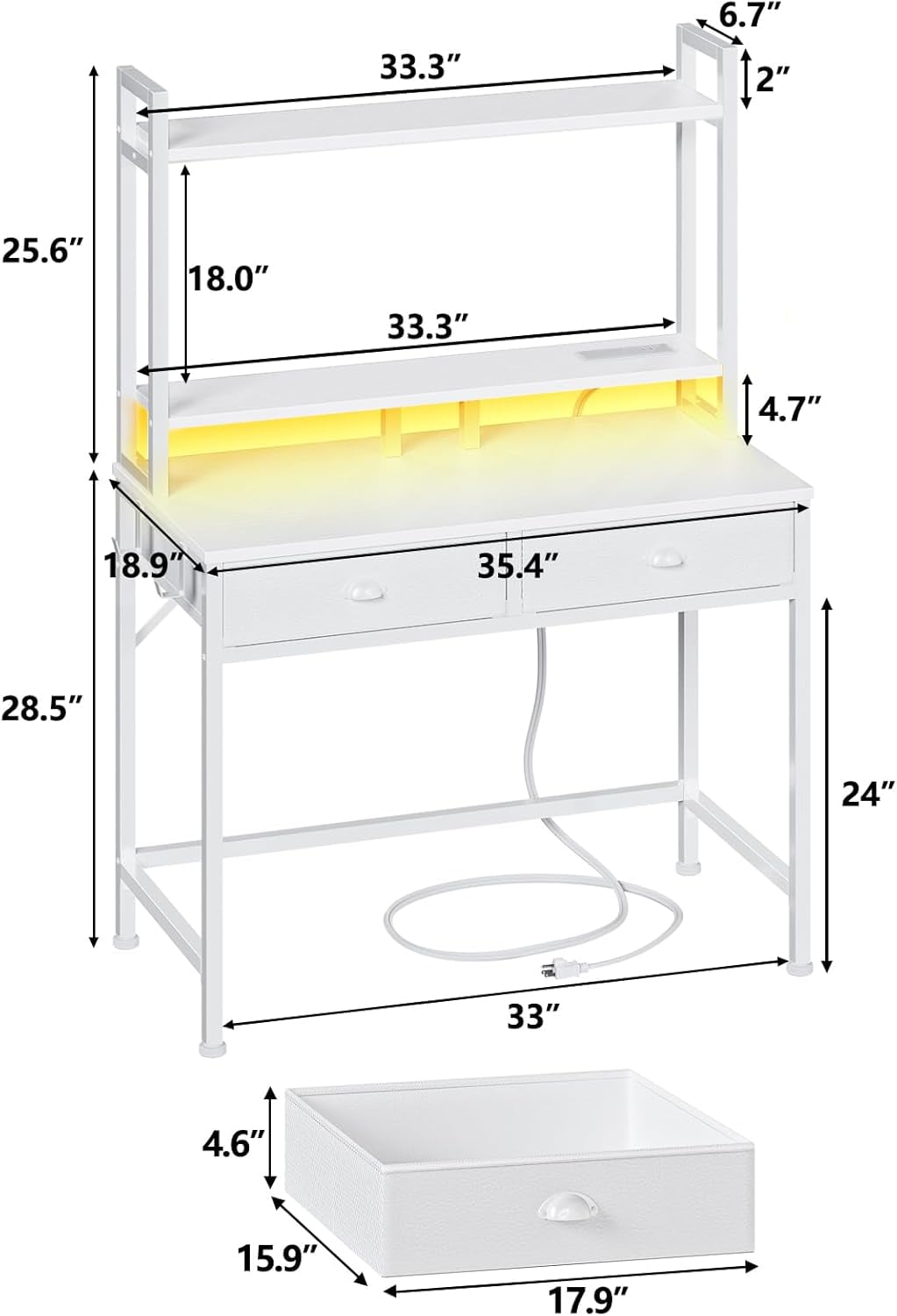 Satifur Small Computer Desk with Power Outlet & 2 Fabric Drawers, Gaming Desk with LED Light and Monitor Stand, Home Office Desk with Shelf and Hutch for Small Space, White-1