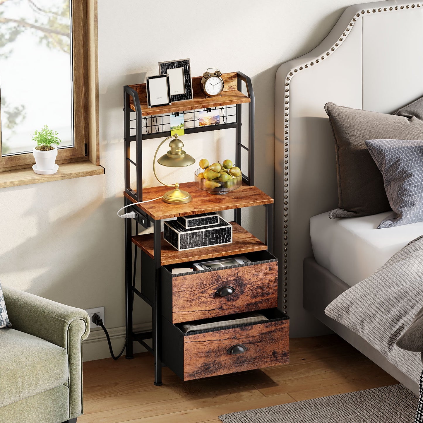 Satifur Tall Nightstand with Hutch, Charging Station, Pegboard & Drawers,Multifunctional Bedside Table with USB Ports, Rustic Brown