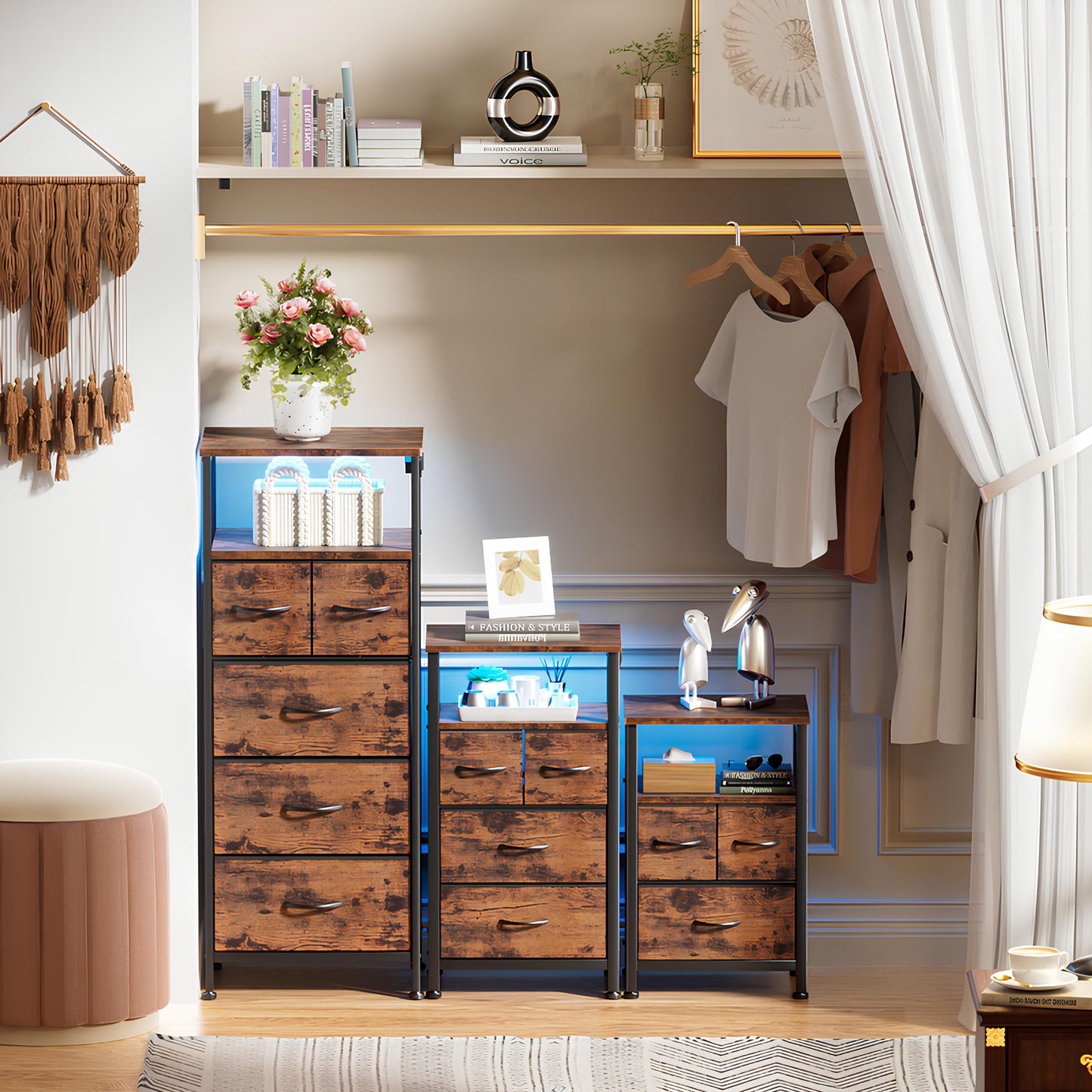 TYDIMOR 4 Drawer Dresser,Small Dresser with Charging Station and LED, Brown, for Bedroom and Living Room
