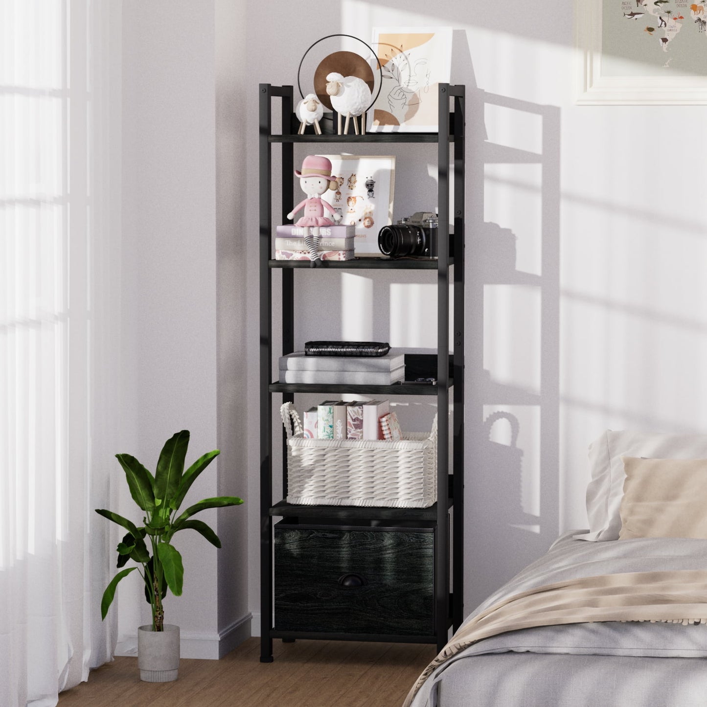 Satifur 5 Tier Ladder Bookcase with Removable Drawer Tall Standing Bookshelf,Black Oak