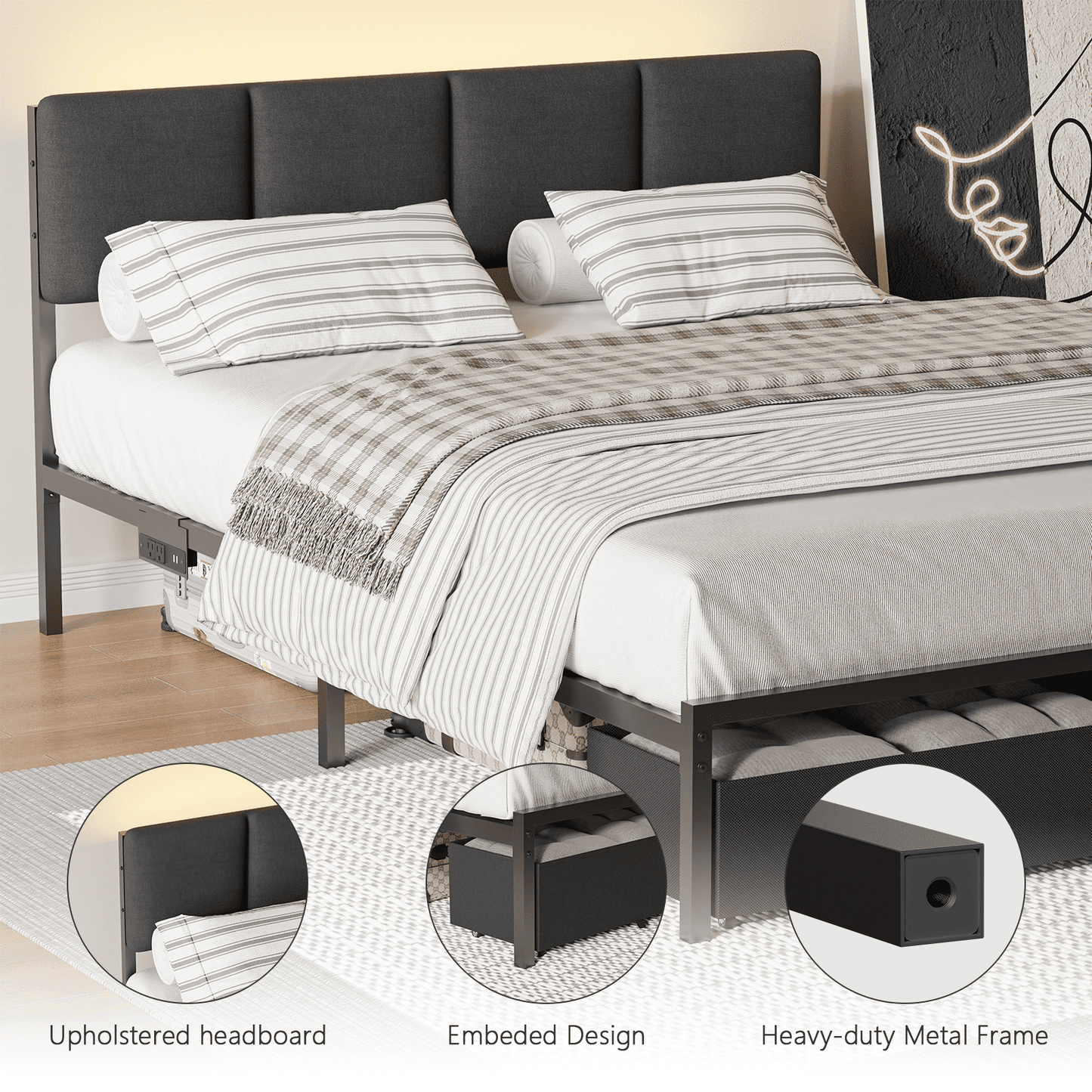 Tydimor Queen Bed Frame with 2 Drawers & 2 USB Ports and Outlets, No Box Spring Needed