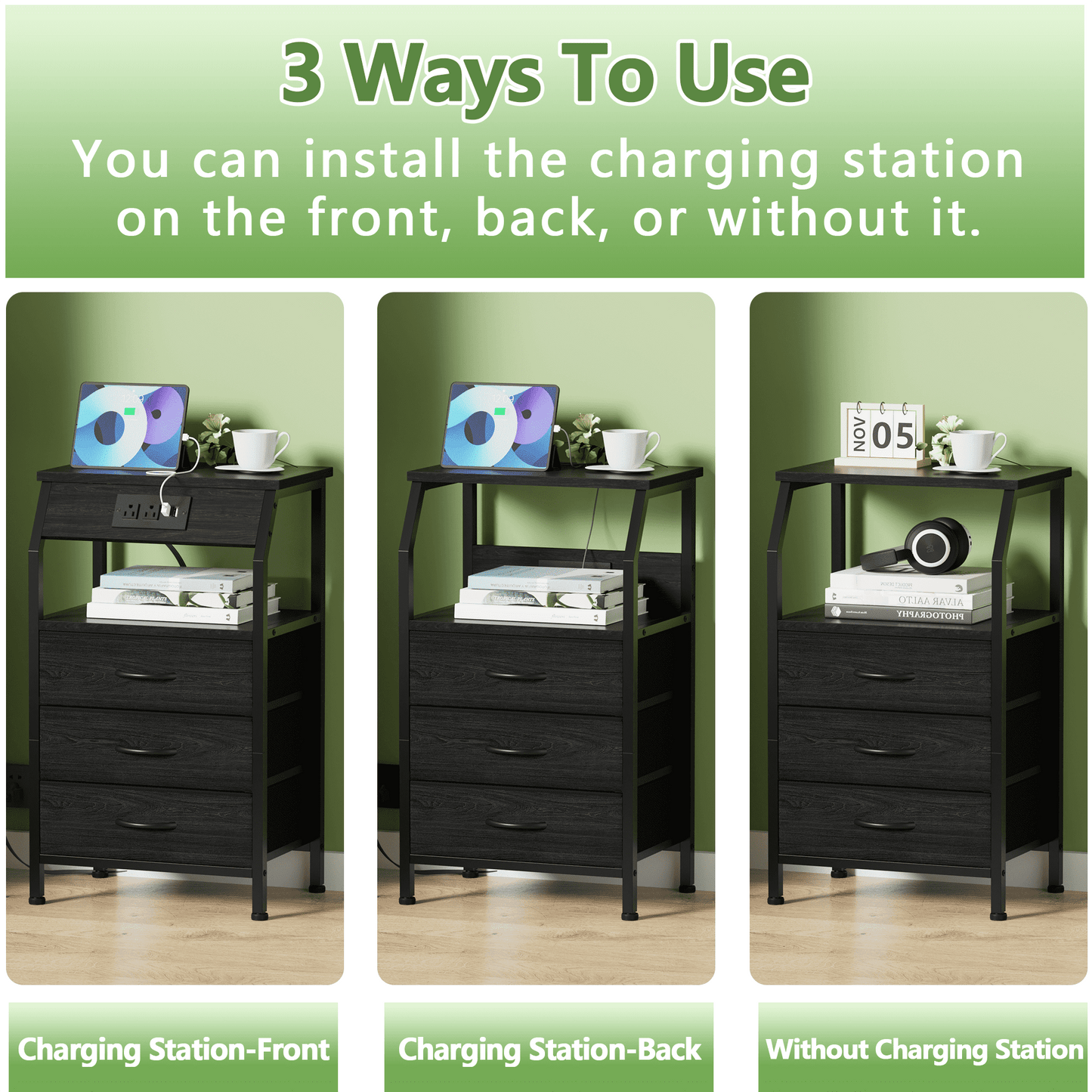 TYDIMOR Nightstand Bedside Table with Charger Station, 3 Drawer Dresser for Bedroom, Black, Adult