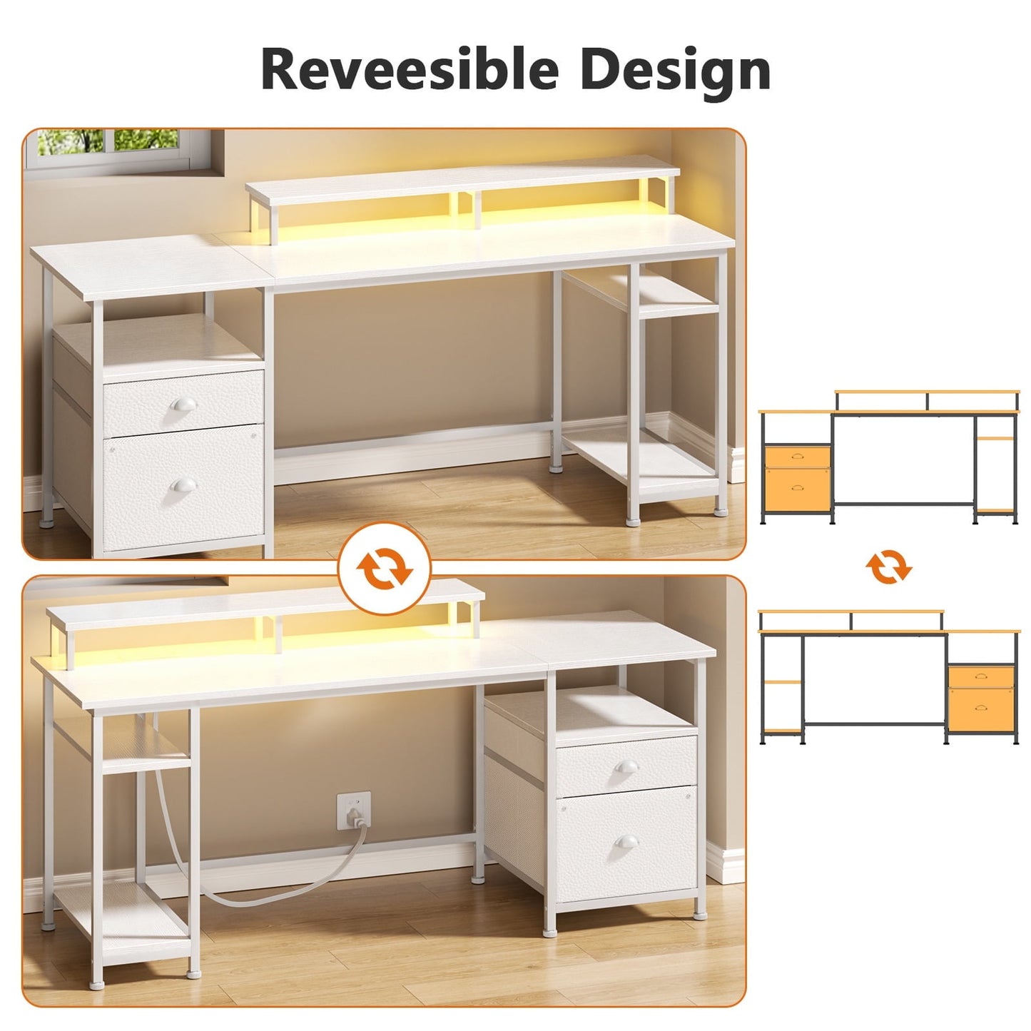 Hexmn White Multi-Functional Computer Desk with Dual Monitor Stand, Adjustable Shelves & RGB LED Lighting