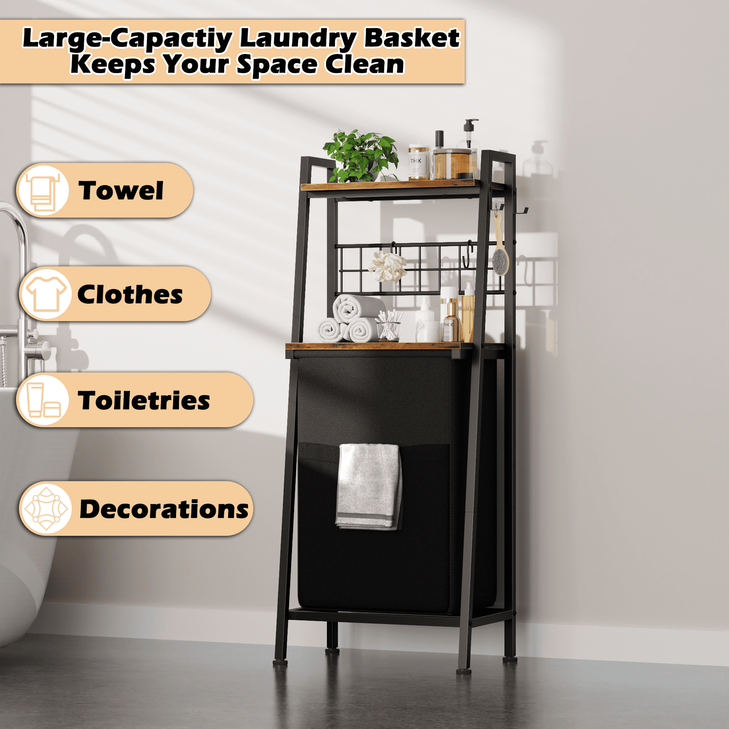 Satifur Laundry Basket Hamper with Oxford Fabric Pull-Out Bag 2-Tier Shelf Hook for Laundry Room Bedroom Bathroom