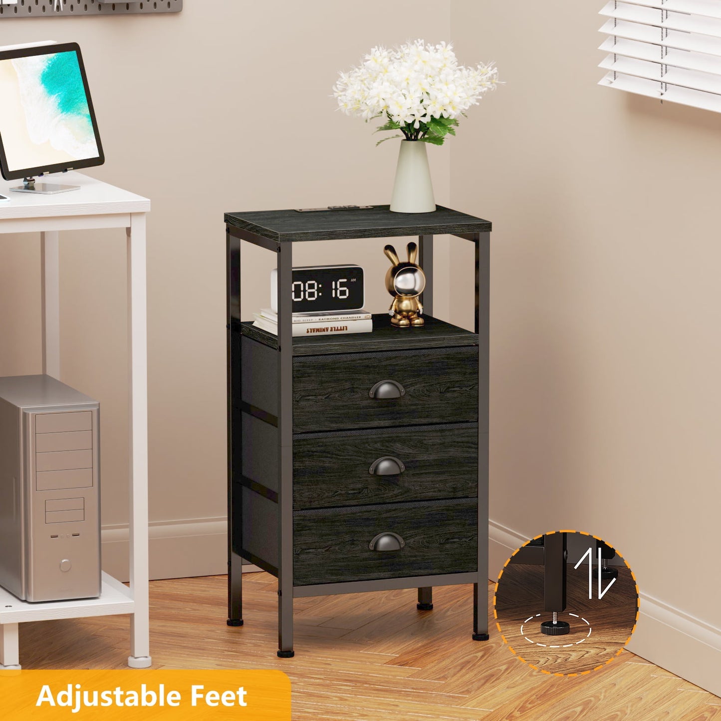 Satifur Nightstand with Charging Station Bedside Table with Fabric Storage Drawers, Black Oak