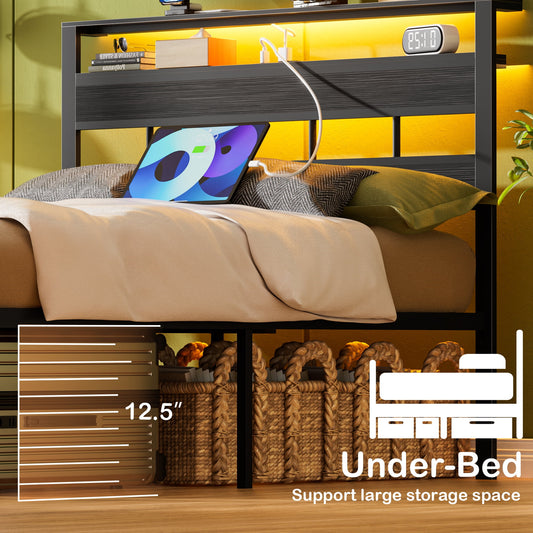 Satifur Full Size Bed Frame with Upholstered Storage Headboard and LED Light, Platform Bed with Metal Slats, Noise Free Design