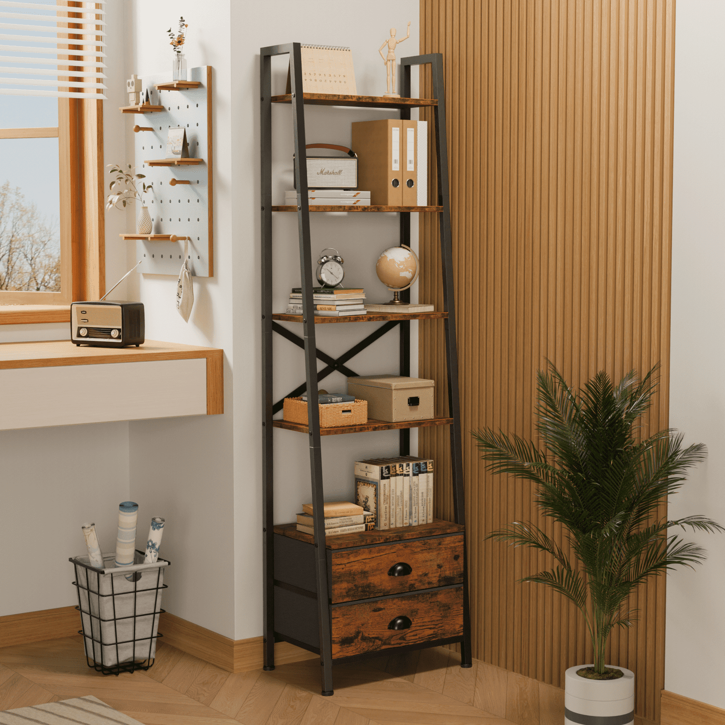 Tydimor 5-Tier 64"H Industrial Bookshelf with 2 Removable Drawers Narrow Bookcase for Living Room,Rustic Brown