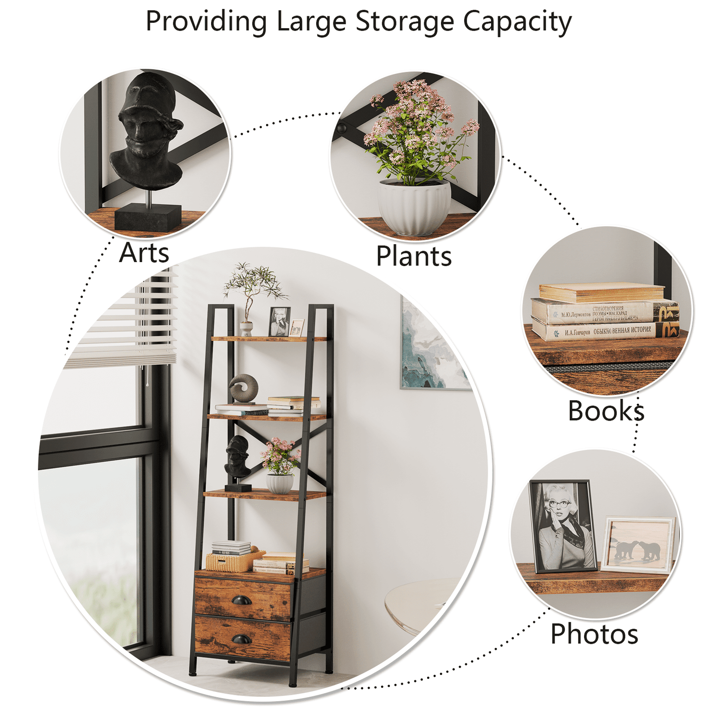 Tydimor 4-Tier 52"H Industrial Bookshelf with 2 Removable Drawers Narrow Bookcase for Living Room,Rustic Brown