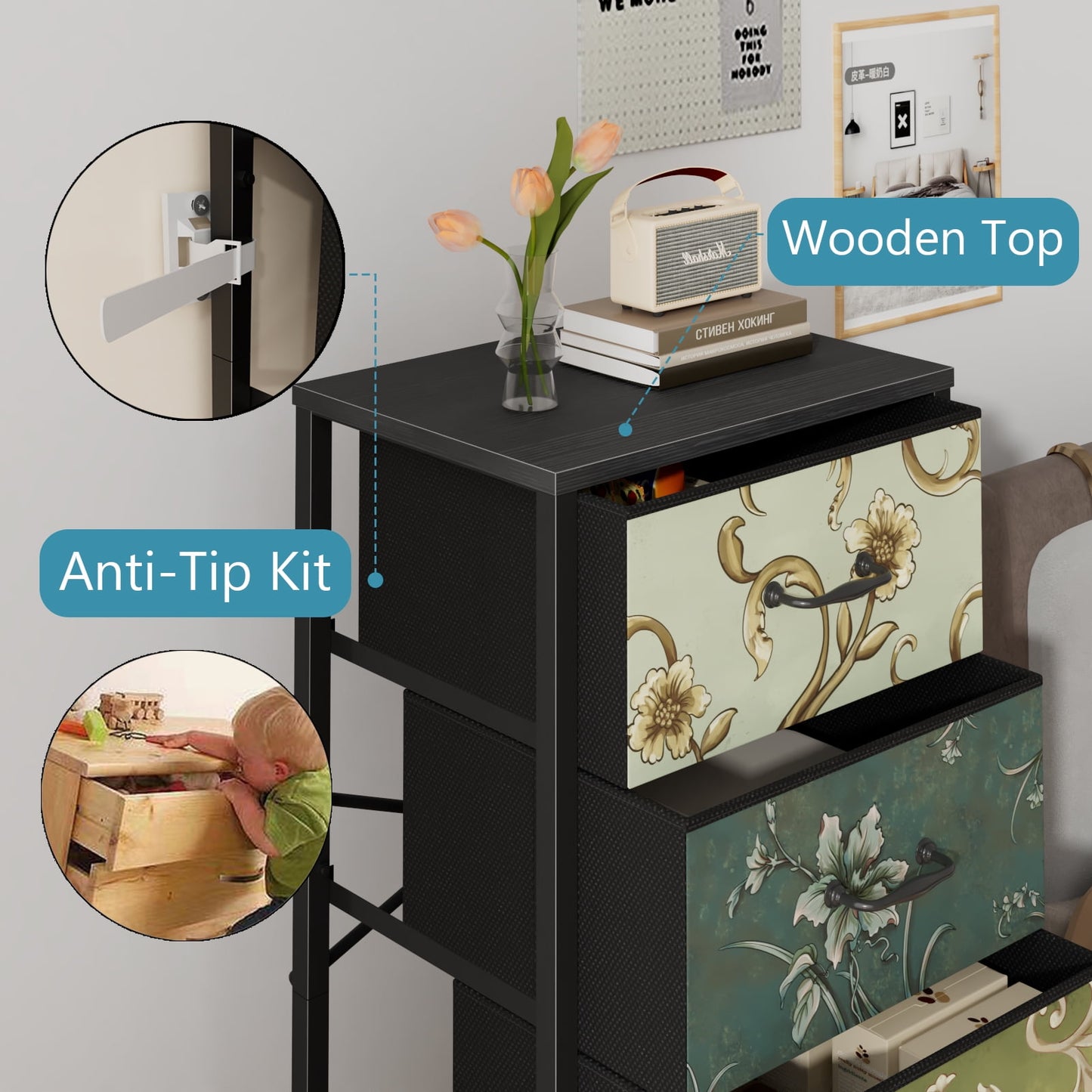 TYDIMOR Fabric Dresser for Bedroom, 4 Drawer Chest of Drawers, Retro Flower, Ideal for Adults