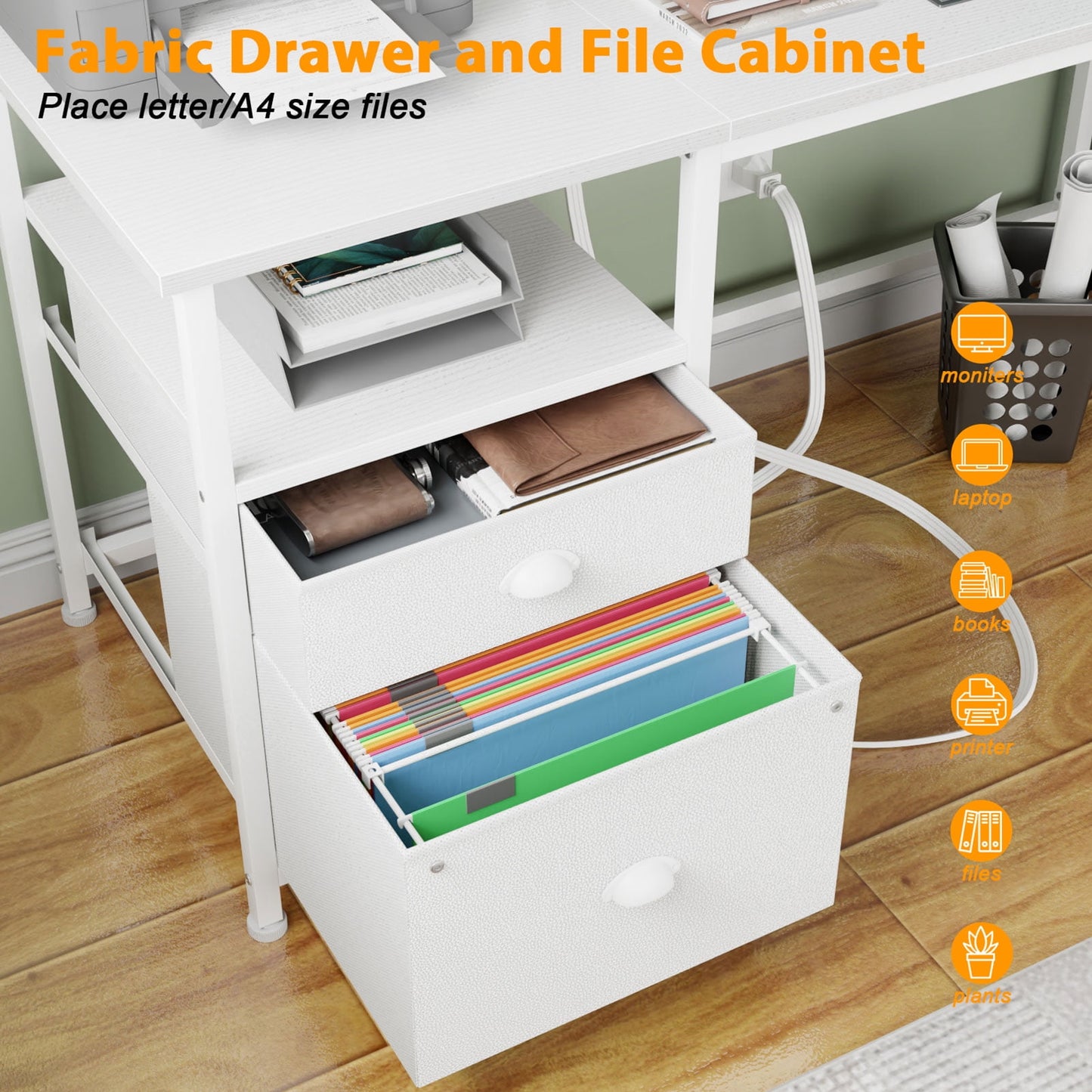 Furologee Gaming Desk with LED Light & Power Outlets, Reversible Computer Desk with File Cabinet & Drawer, White Writing Table with Dual Monitor Stand for Home/Office
