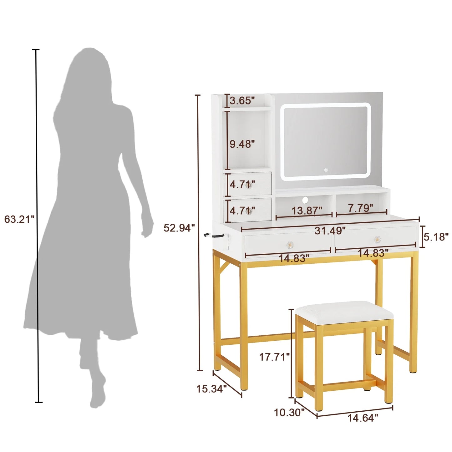 Tydimor Lighted Makeup Vanity Set, Women Dressing Table with Outlets, Vanity Desk with Drawers & Stool