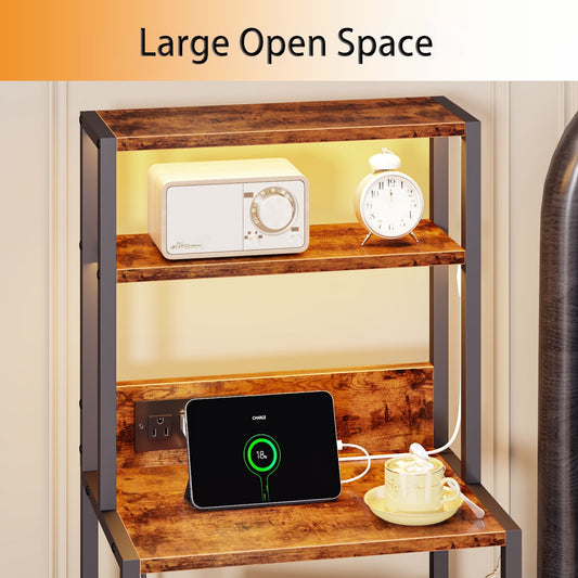 Satifur Tall LED Nightstand,Bedside Table with Charging Station,2 Fabric Drawers & Shelfs for Bedroom Living Room,Rustic Brown