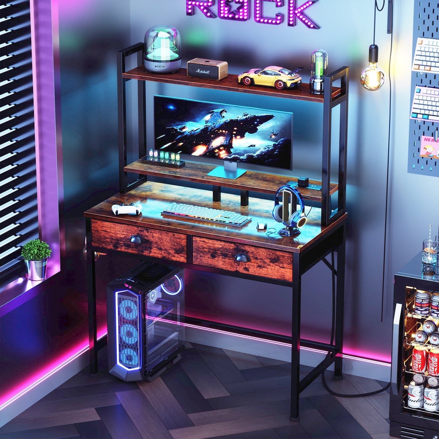 Satifur Computer Desk with Charging Station & LED Lights, Gaming Desk with Drawers & Shelves, Rustic Brown