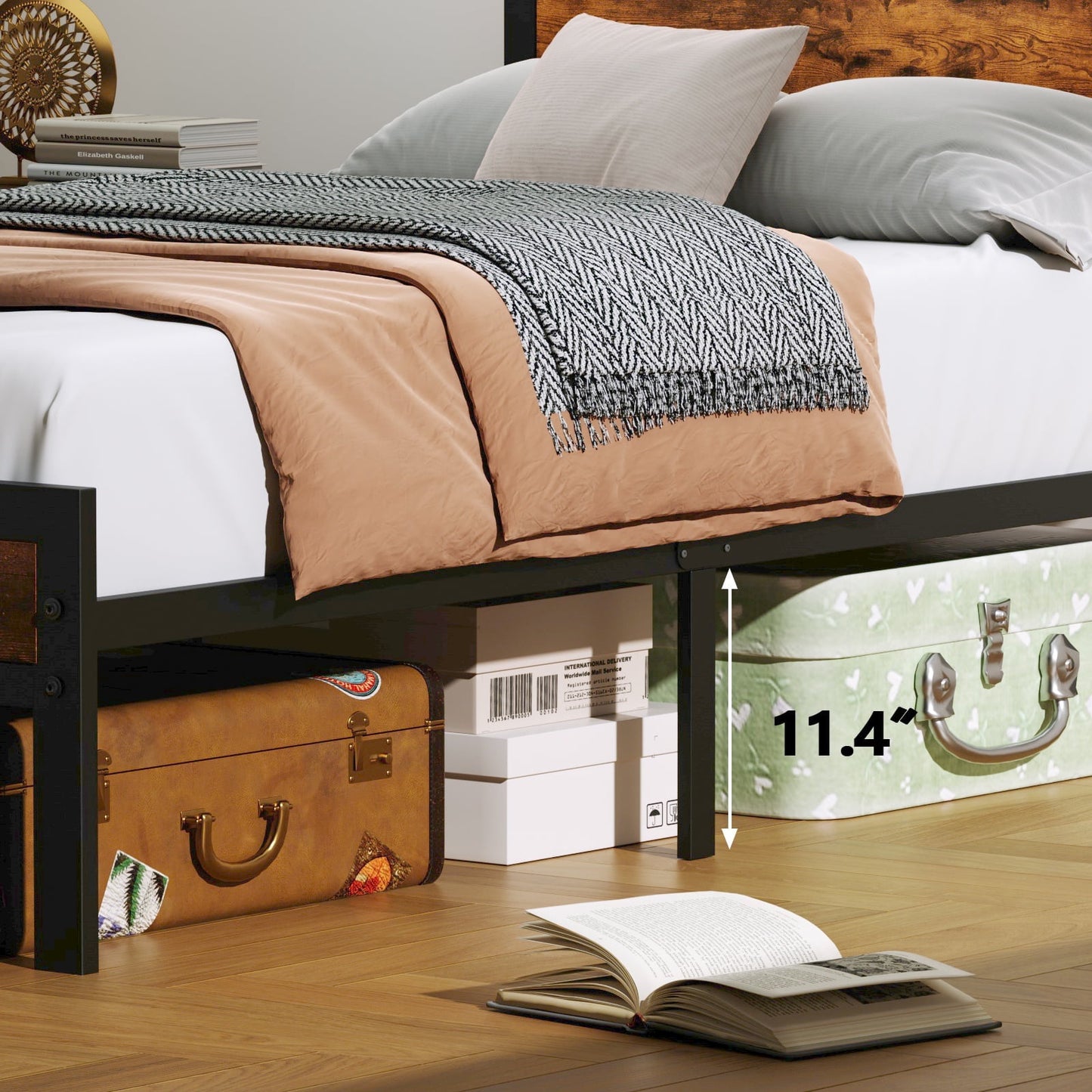 Hexmn Twin RGB LED Strip Platforrm Bed Frames with Headboard Metal, Storage Shelves & Underbed, Niose Free, No Box Spring Needed