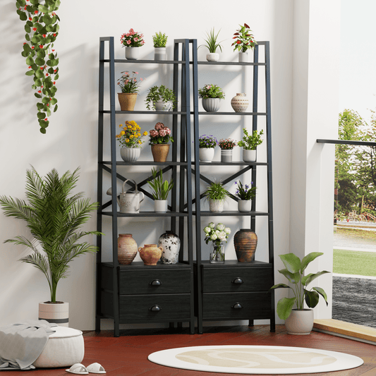Tydimor 5-Tier 64"H Industrial Bookshelf with 2 Removable Drawers Narrow Bookcase for Living Room,Black Oak