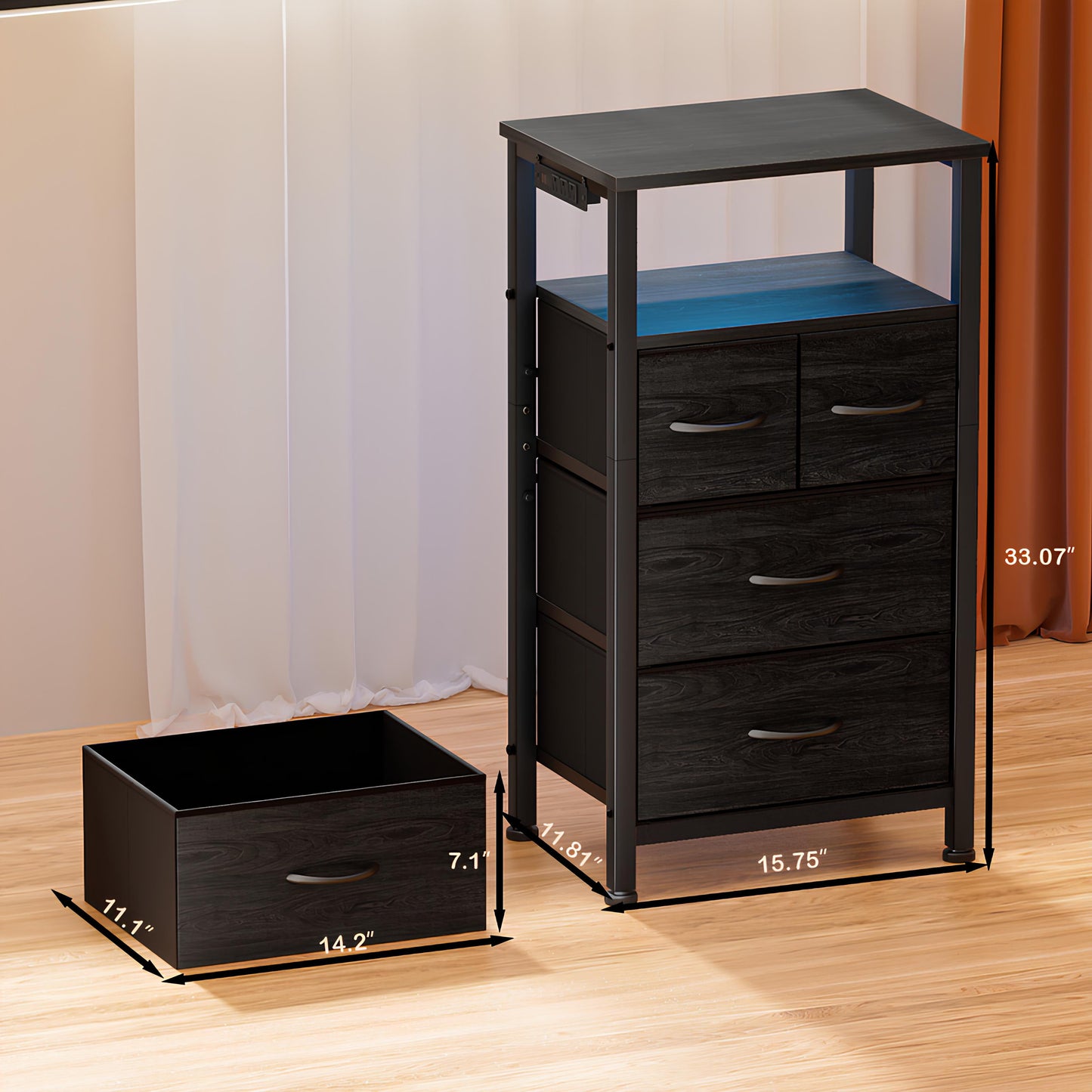 TYDIMOR 4 Drawer Dresser,Small Dresser with Charging Station and LED, Black, for Bedroom and Living Room