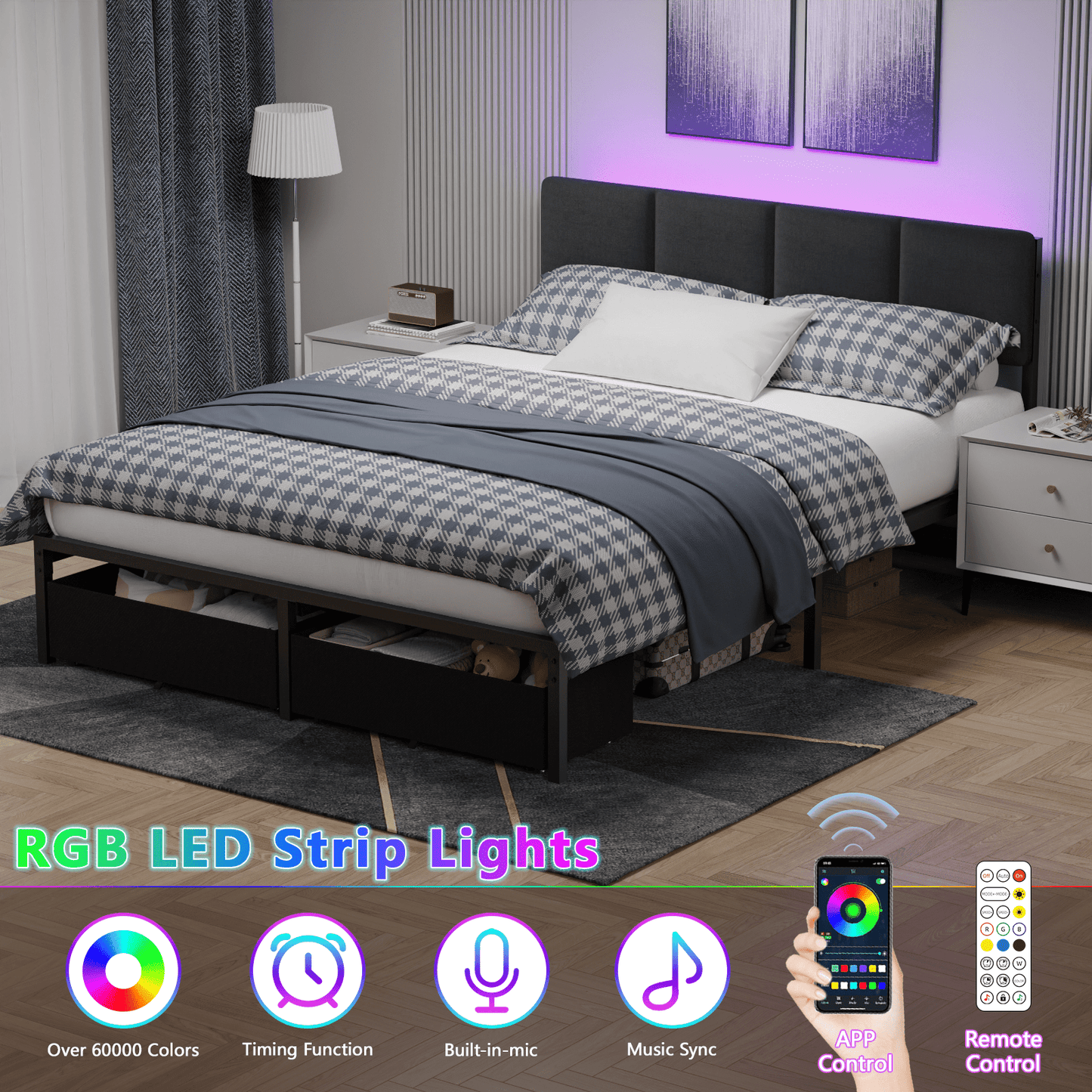 Satifur Queen Bed Frame with 2 Drawers & 2 USB Ports and Outlets, No Box Spring Needed