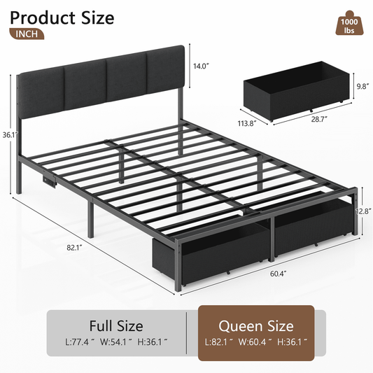 Satifur Queen Bed Frame with LED Charging Station & 2 Drawers, Sturdy Metal Legs, Noise Free, Black