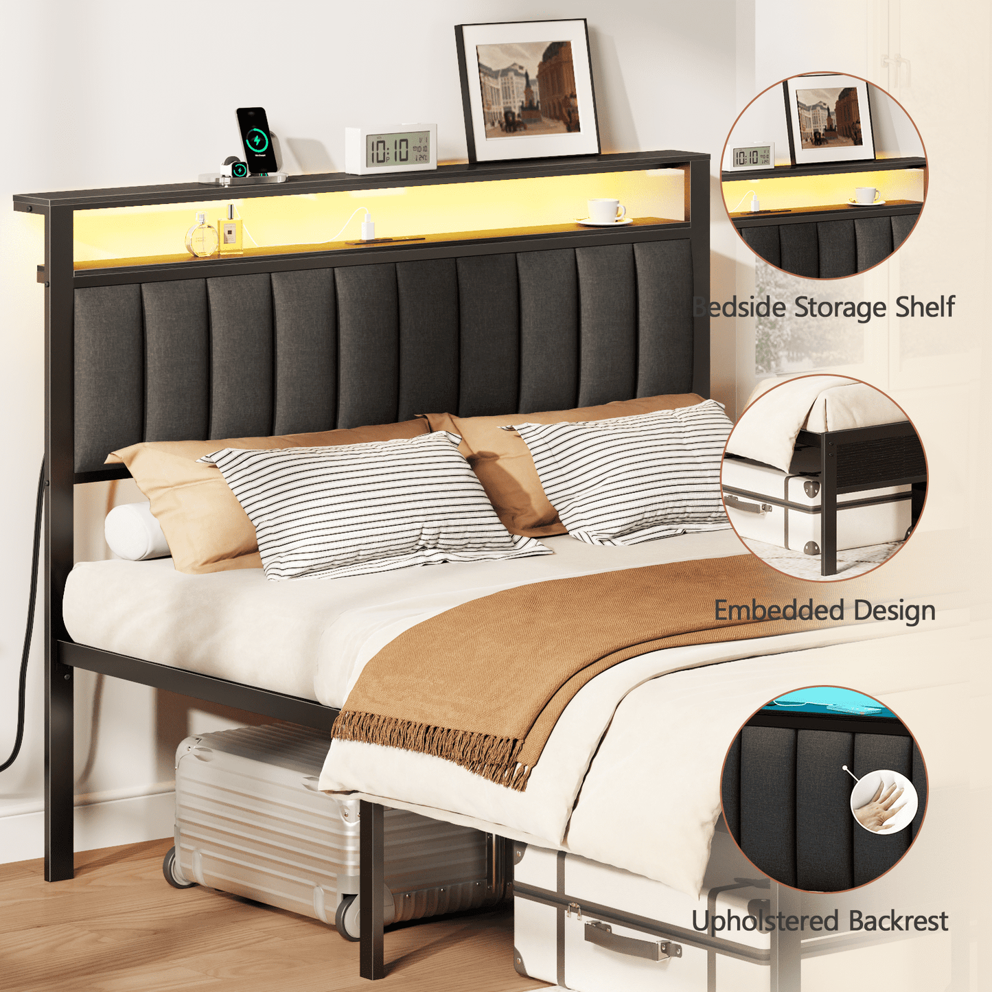 Satifur Queen LED Bed Frame with Smart RGB Lights, Headboard Charging Station, Versatile Storage Solution, Comfortable Upholstered Backrest, No Box Spring Needed