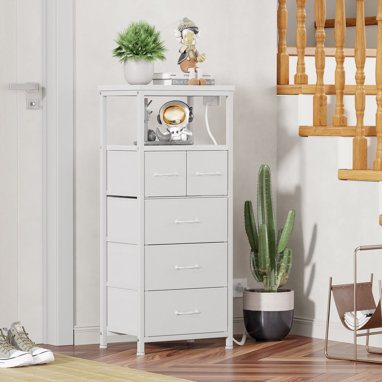 Satifur LED Dresser for Bedroom with Charging Station, 5 Fabric Drawers Tall Nightstand Open Shelf, White