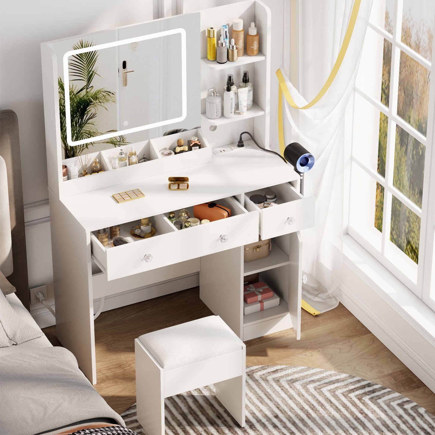 Satifur White Vanity Desk Set with Mirror and Lights, Makeup Table with Charging Station, Comfortable Bench, Big Vanity with 3 Storage Compartments, 39.4in