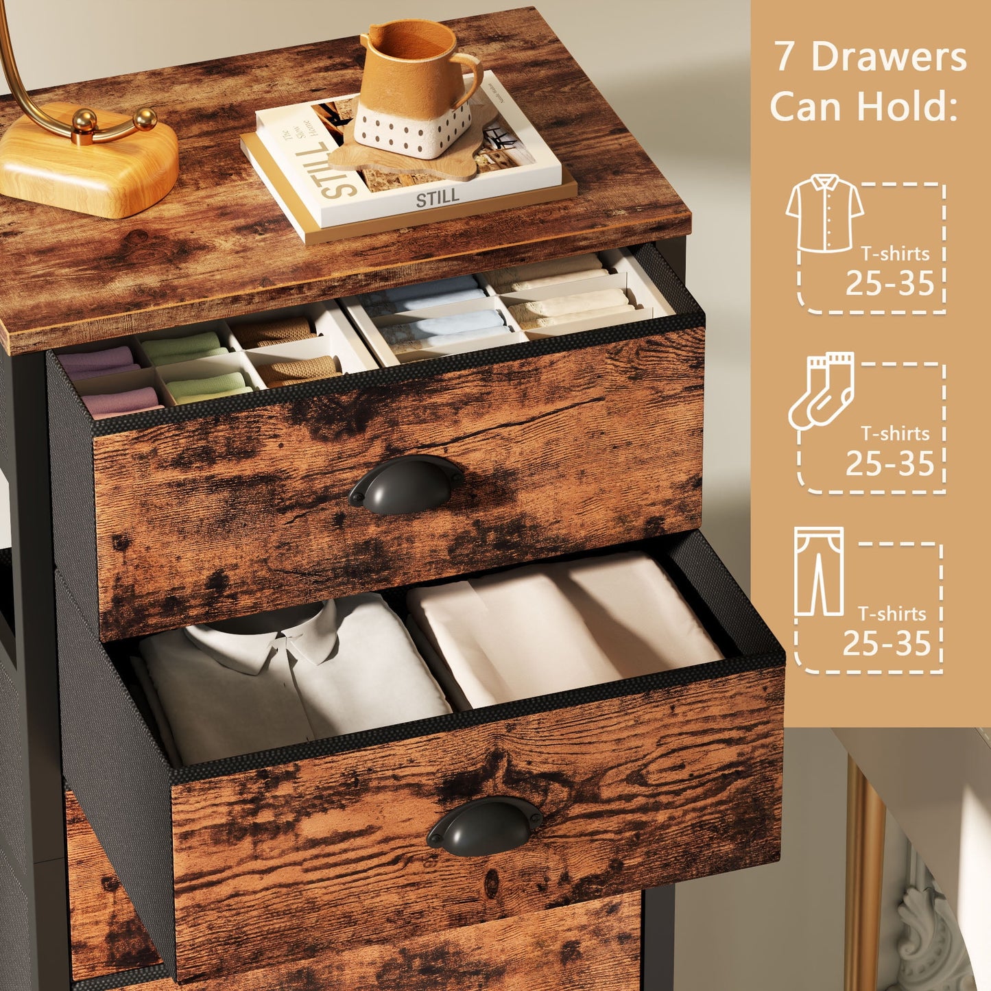 Tydimor 7-Drawer Tall Dresser Bedside Fabric Nightstand with Storage,Rustic Brown