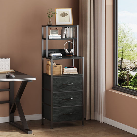 Satifur Tall Nightstand with Charging Station and LED Lights, Bedside Table with Bookshelf,3 Fabric Drawers, Black Oak