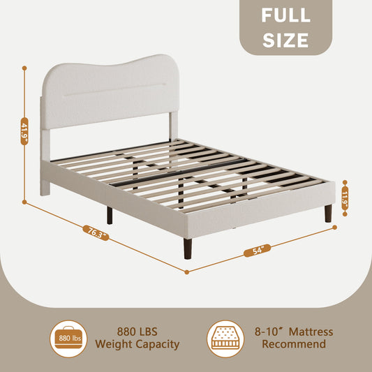 Satifur Full Bed Frame with Teddy Velvet Soft Curved Headboard, Platform Bed with Wooden Slats Support, Easy Assembly, Noise-Free, White