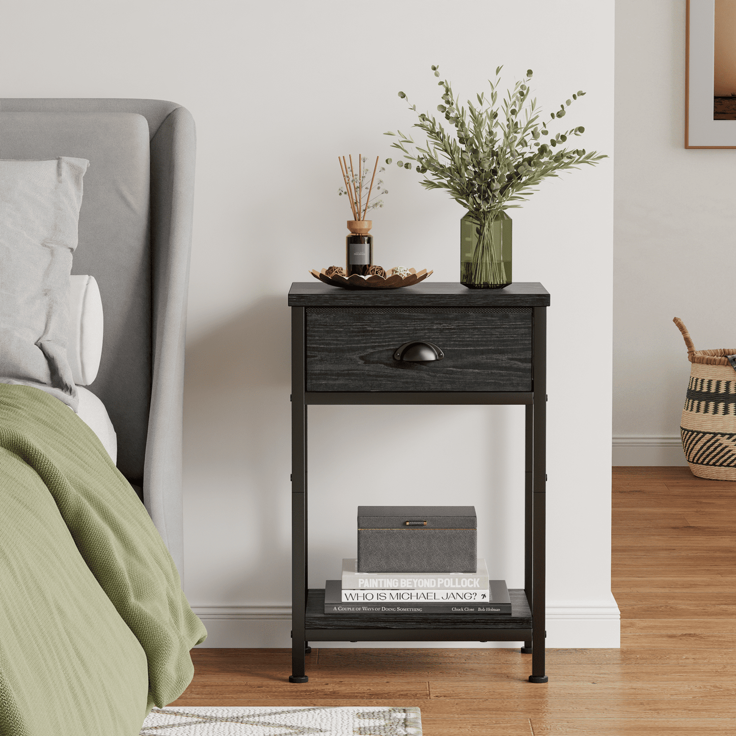 Satifur Nightstand for Bedroom,3-Tier End Table with Drawer,Black Oak Finish