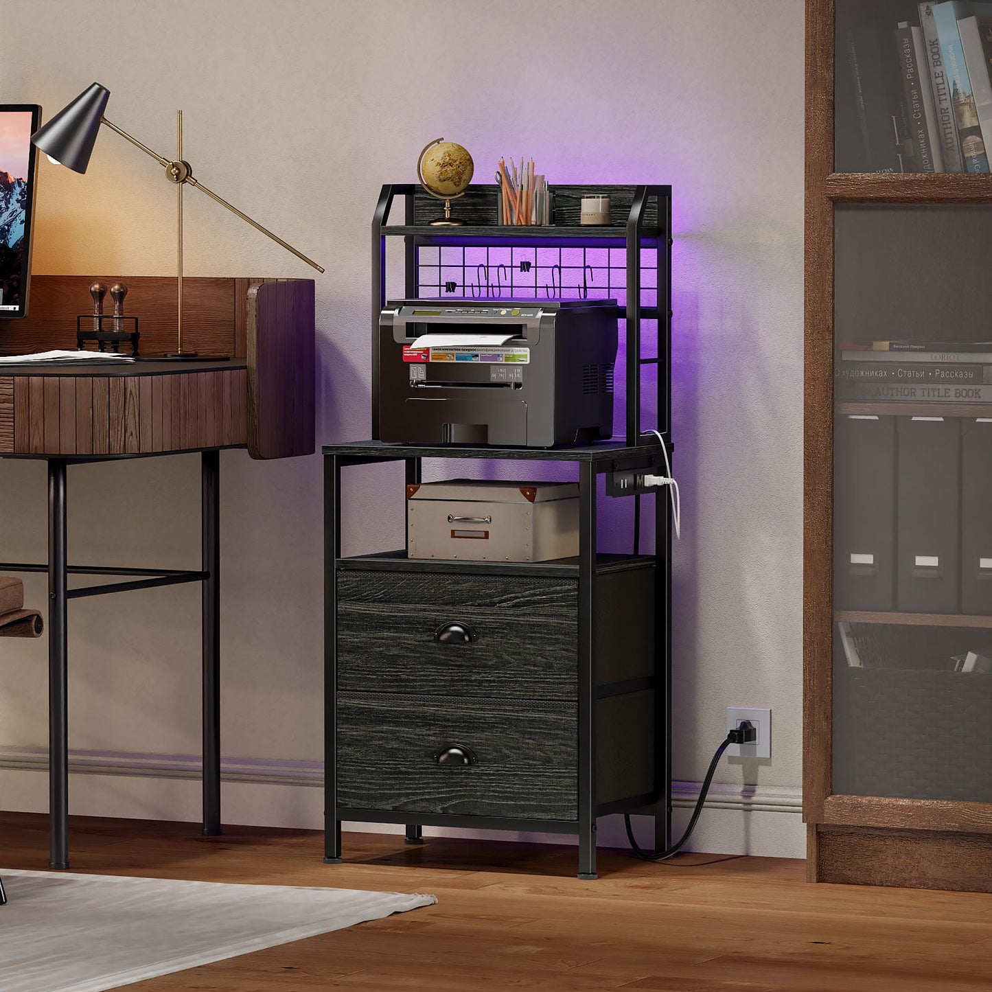 Satifur Tall Nightstand with Hutch, Charging Station, Pegboard & Drawers,Multifunctional Bedside Table with USB Ports, Black Oak