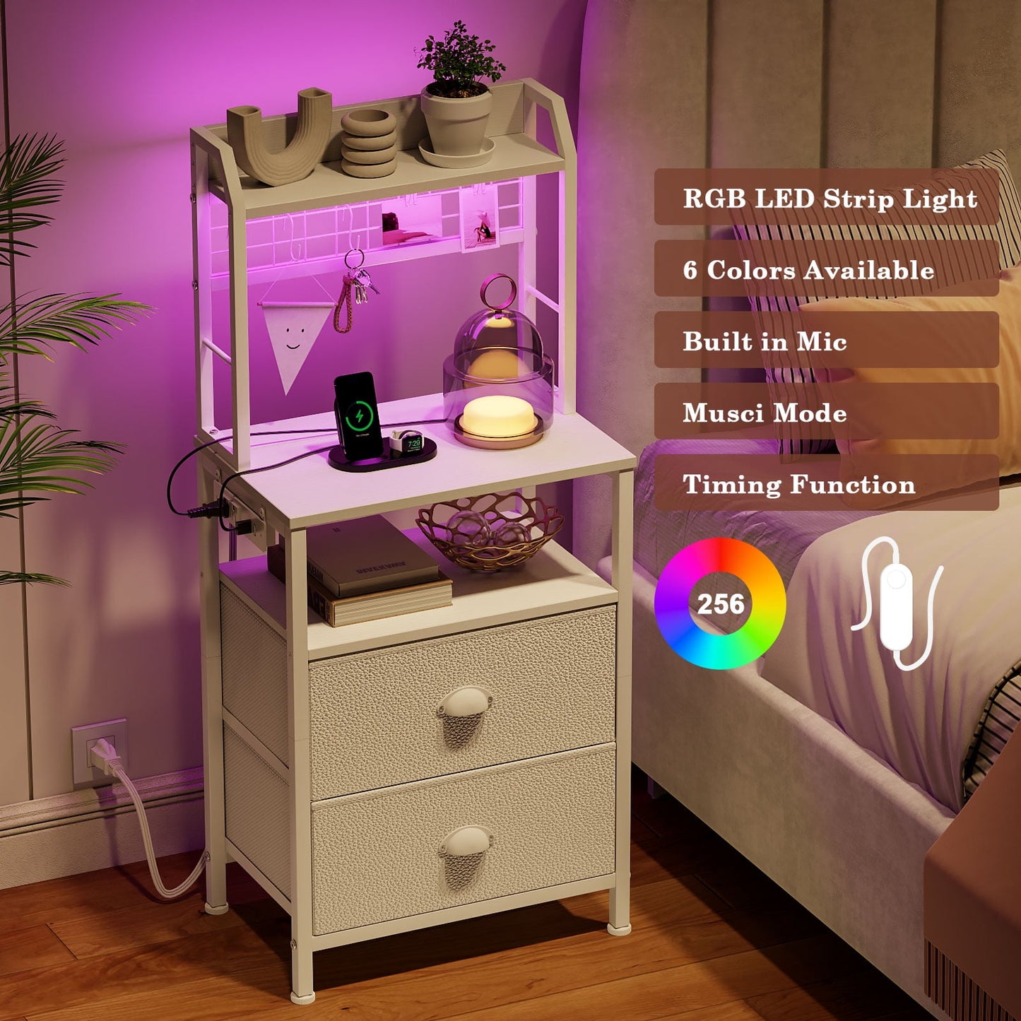 Satifur Tall Nightstand with Hutch, Charging Station, Pegboard & Drawers,Multifunctional Bedside Table with USB Ports,White
