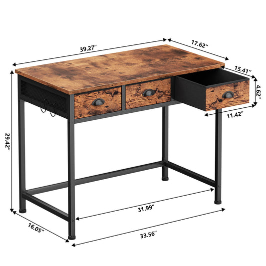 Satifur Computer Desk with Drawers & Hooks, Writing Desk with 3 Fabric Drawers for Bedroom, Home Office, Rustic Brown