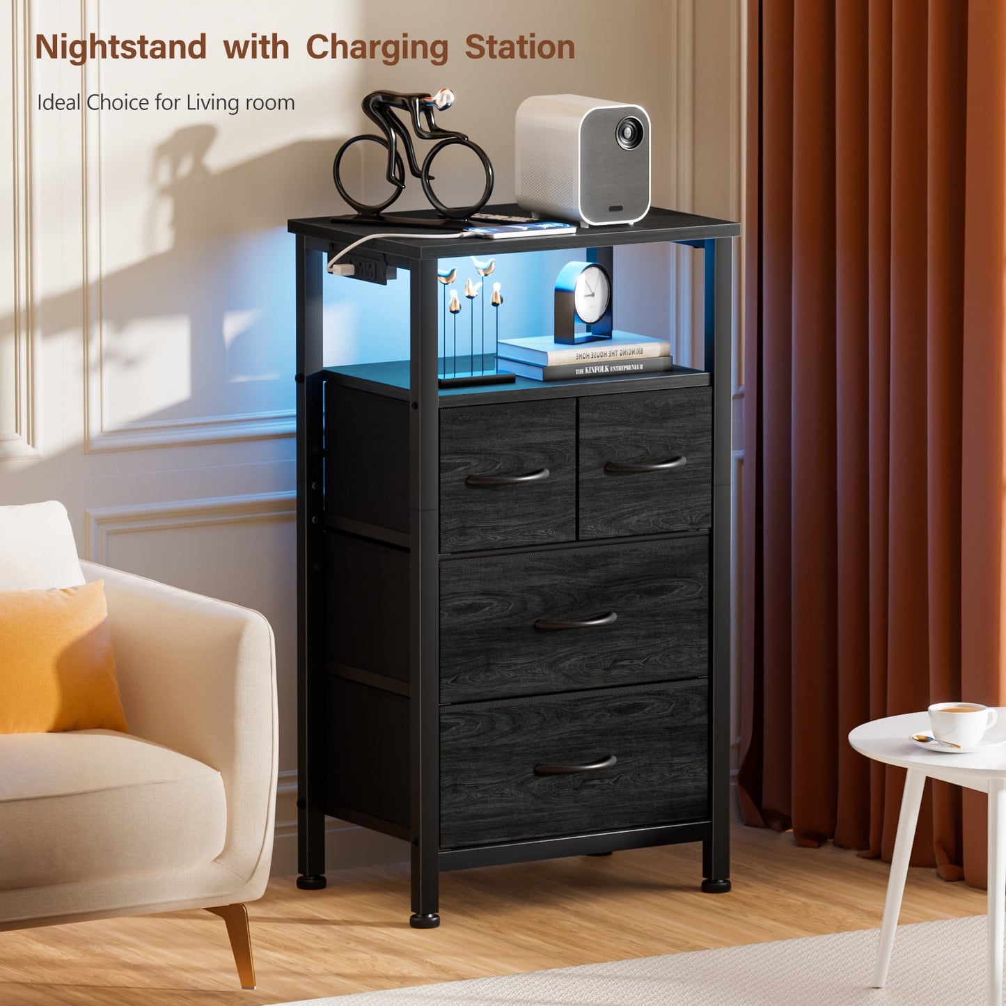 Satifur Chest of Drawers with Charging Station,LED Nightstand with 4 Fabric Storage Drawers, Black Oak